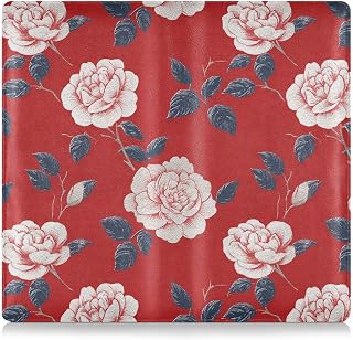 Retro White Flowers Red Pattern Premium Leather Car Registration & Insurance Card Holder Automobile Wallet Case Organizer for ID, Driver's License, Key Contact Information Cards