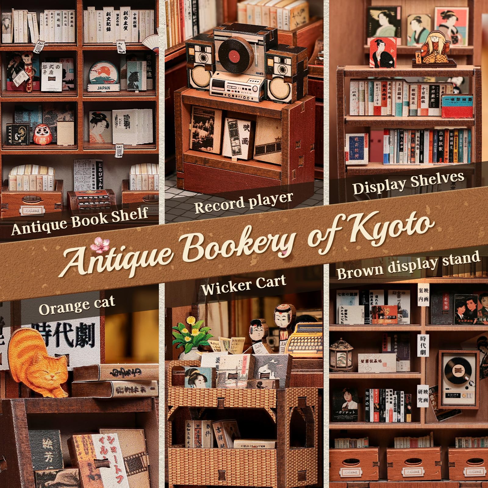 Cutefun Book Nook Japan - DIY Miniature House Kit per Adulti - 3D Wooden Puzzles Bookshelf Decor - Tiny House Gift per Amanti dei Libri, Lettori, Appassionati di Craft (Antique bookery of Kyoto)