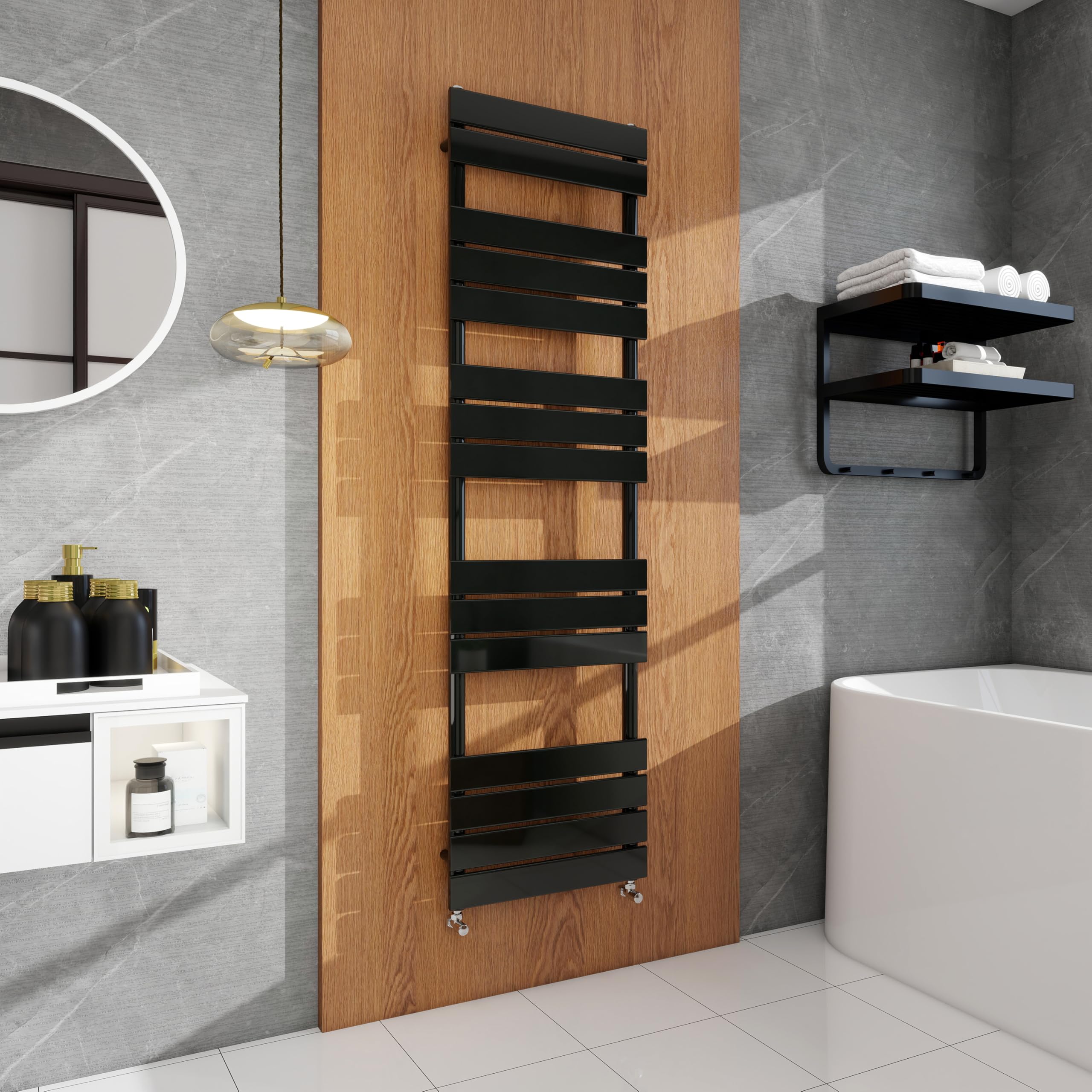 Simple Bathrooms Black Modern Flat Panel Heated Towel Rail Radiator,Wall Mounted Central Heating Ladder Rad 1600X450mm
