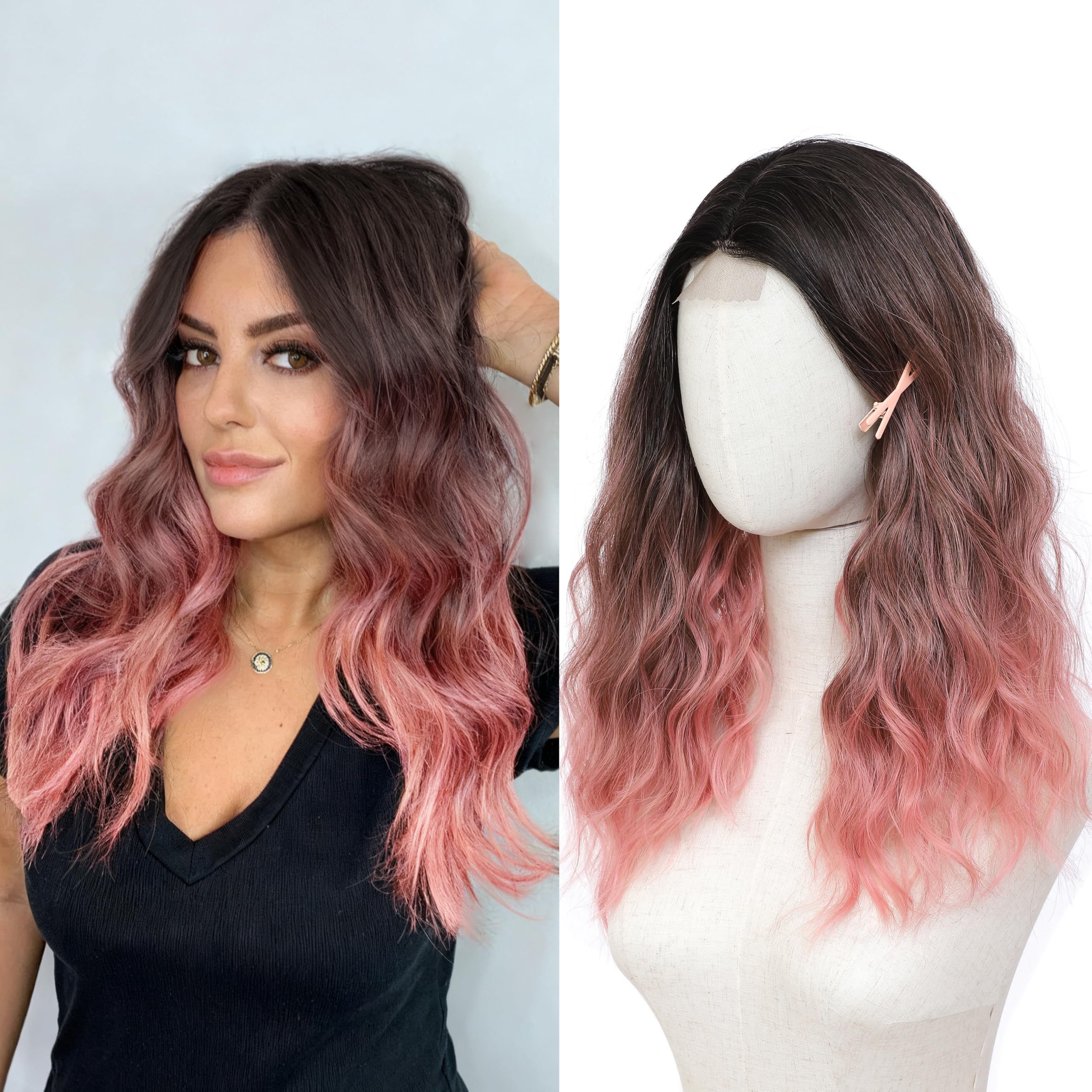Photo 1 of Dark to Pink Ombre Wigs for Women 18 Inch Middle Part Wavy Synthetic Wig