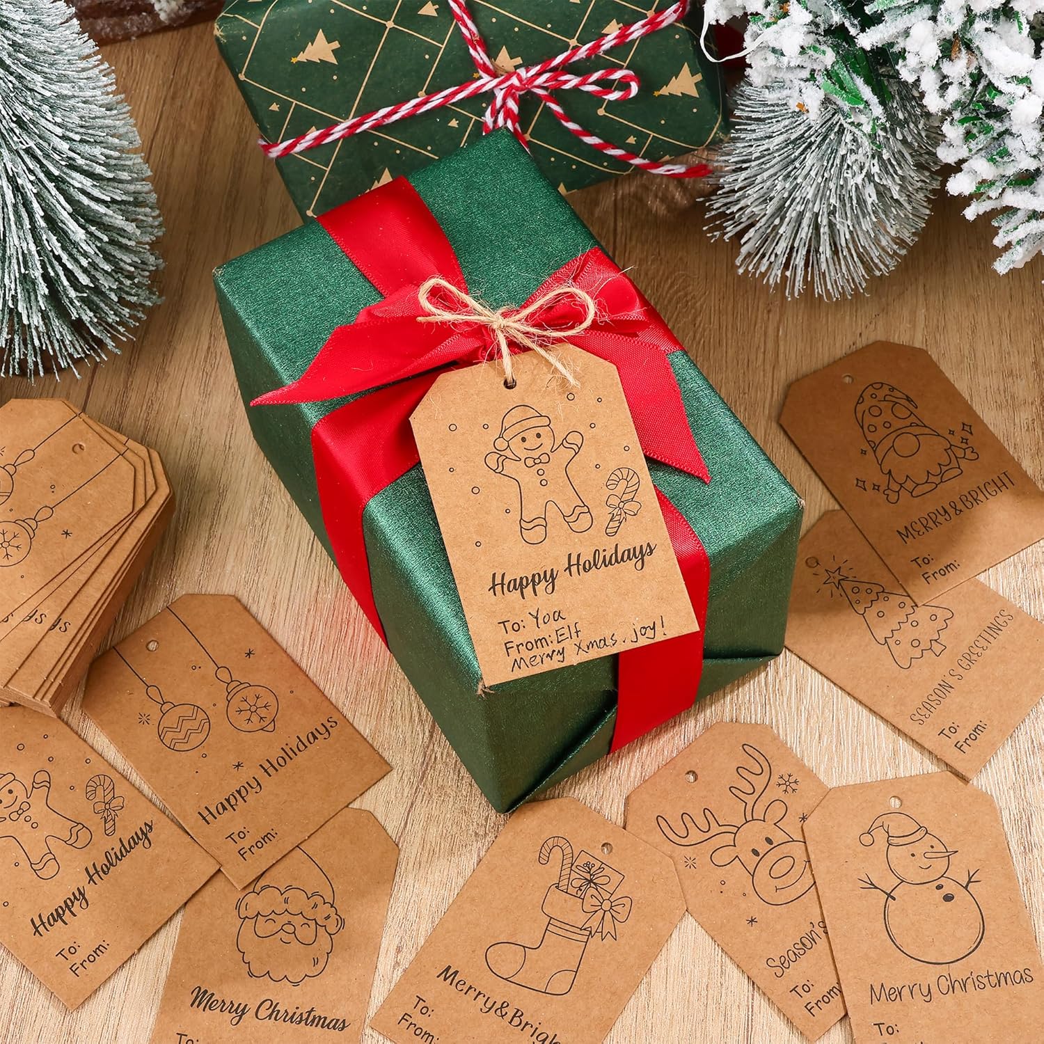 120 Pcs Christmas Gift Tags with String 3" x 2" Christmas Kraft Paper Name Tags Doodle Xmas Brown Kraft Paper Gift Labels for Xmas Holiday Presents DIY Gifts Wrapping Decorations - Image 5