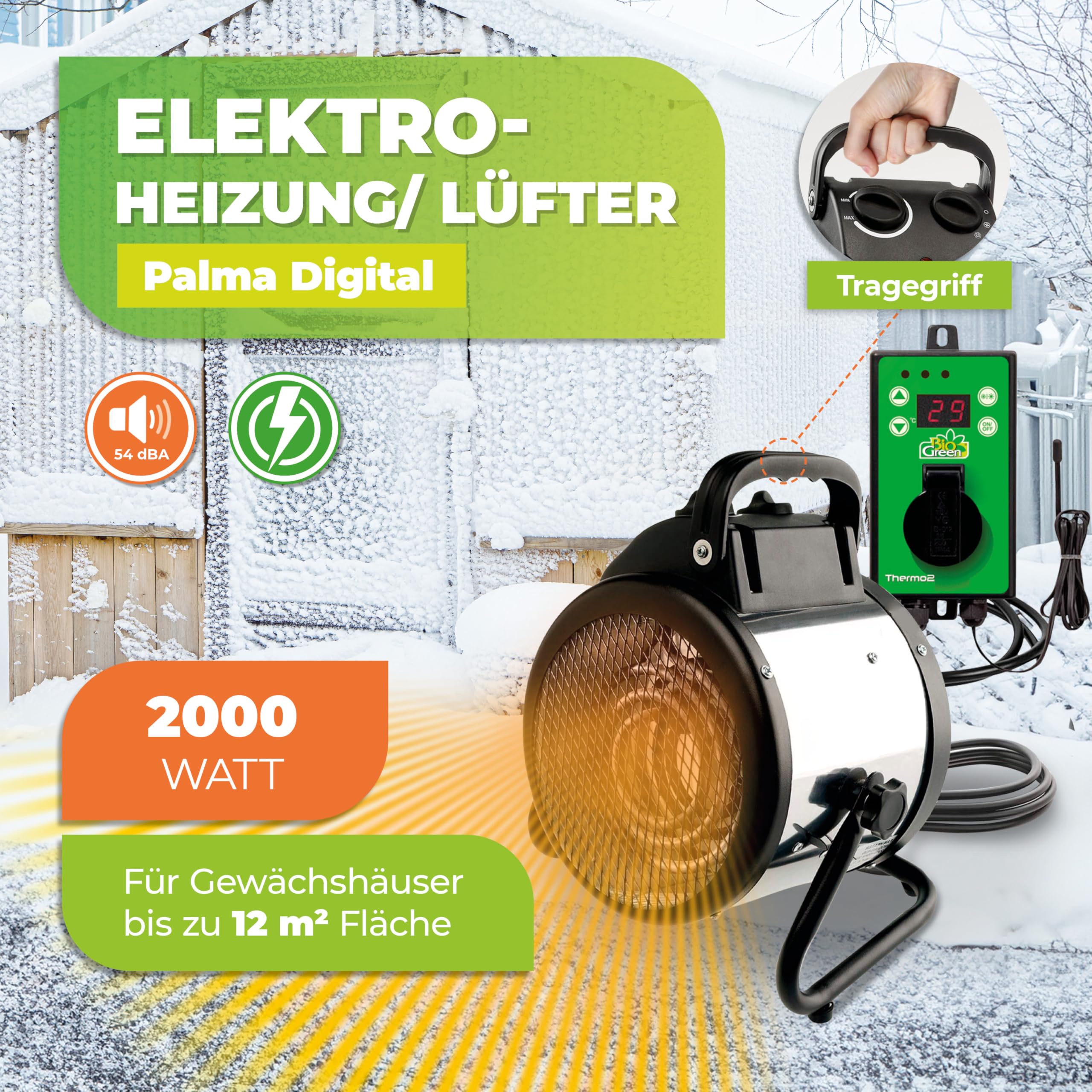 Riscaldatore Elettrico a Ventola Bio Green Palma, Argento/Nero, 2000W