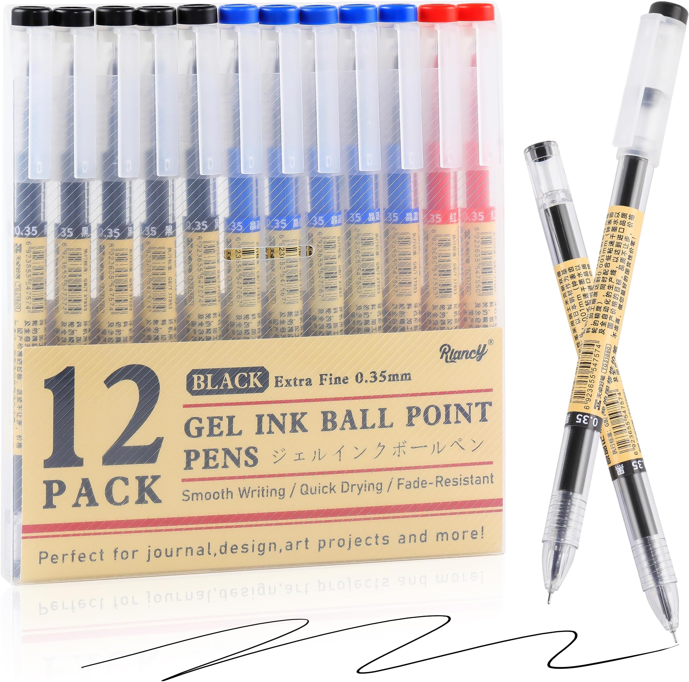 RIANCY 12 pcs Gel Ink Pens, 0.35 mm Extra Fine Point Smooth Writing Rollerball Pens, Quick Drying No Smudge Ballpoint Pen, Large Capacity for Bullet Journal, Office School Stationery Supplies