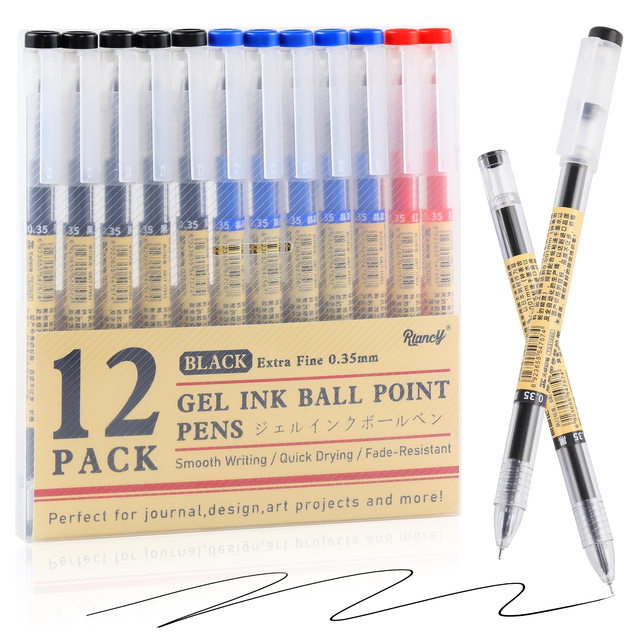 Black Blue Red Gel Ink Pens, 0.35mm Extra Fine Point Smooth Writing Rollerball Pens, Japanese Style No Smudge Ballpoint Pen, Quick Drying for Journaling Office School Stationery Supplies 12Pcs