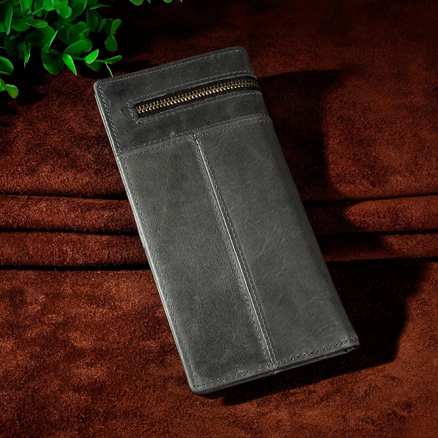 Le'aokuu Mens Leather Zipper Pocket Id Business Card Case Holder Organizer Wallet Phone Case Designer Bifold Checkbook Purse 1037 (1037 Gray 2) - Image 4