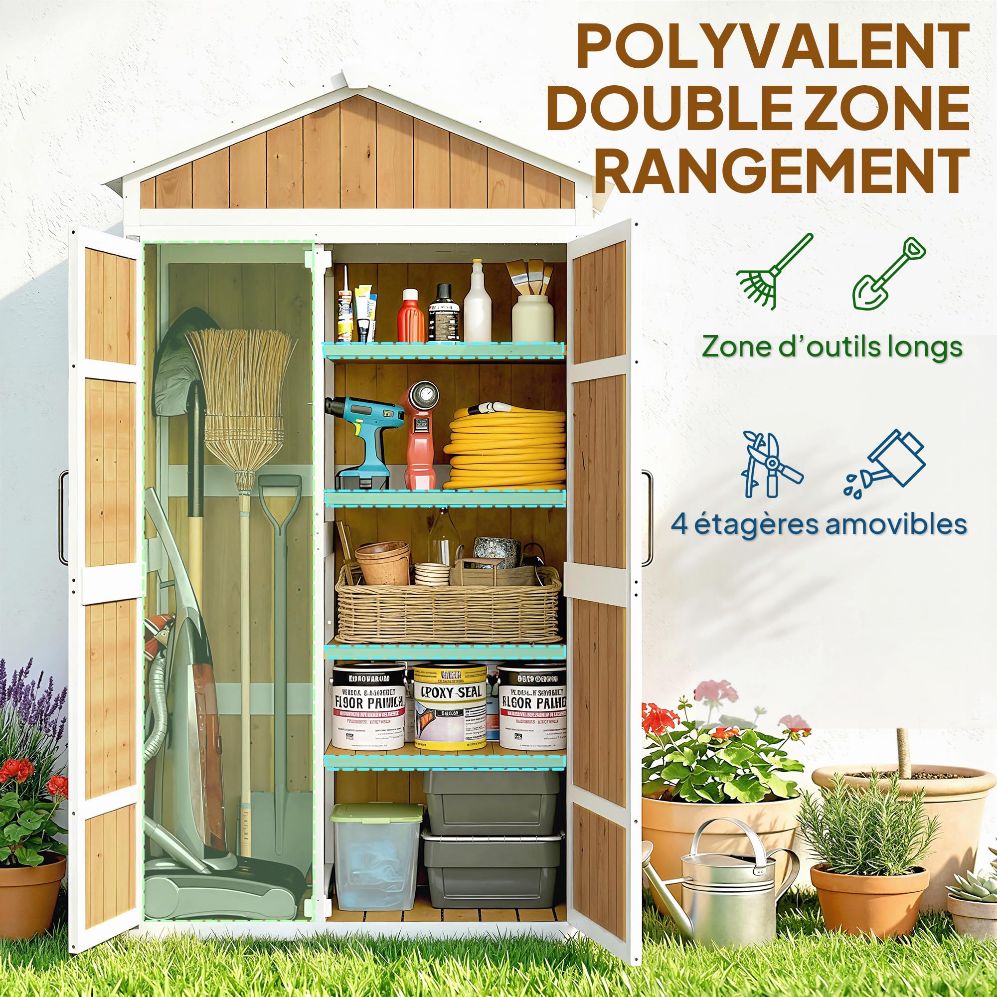 Outsunny Armoire de Jardin en Bois - Abri de Jardin Extérieur Étanche avec Toit en Métal - Meuble de Rangement Terrasse à Double Porte pour Outils de Jardinage 105x55x179cm, Blanc et Naturel