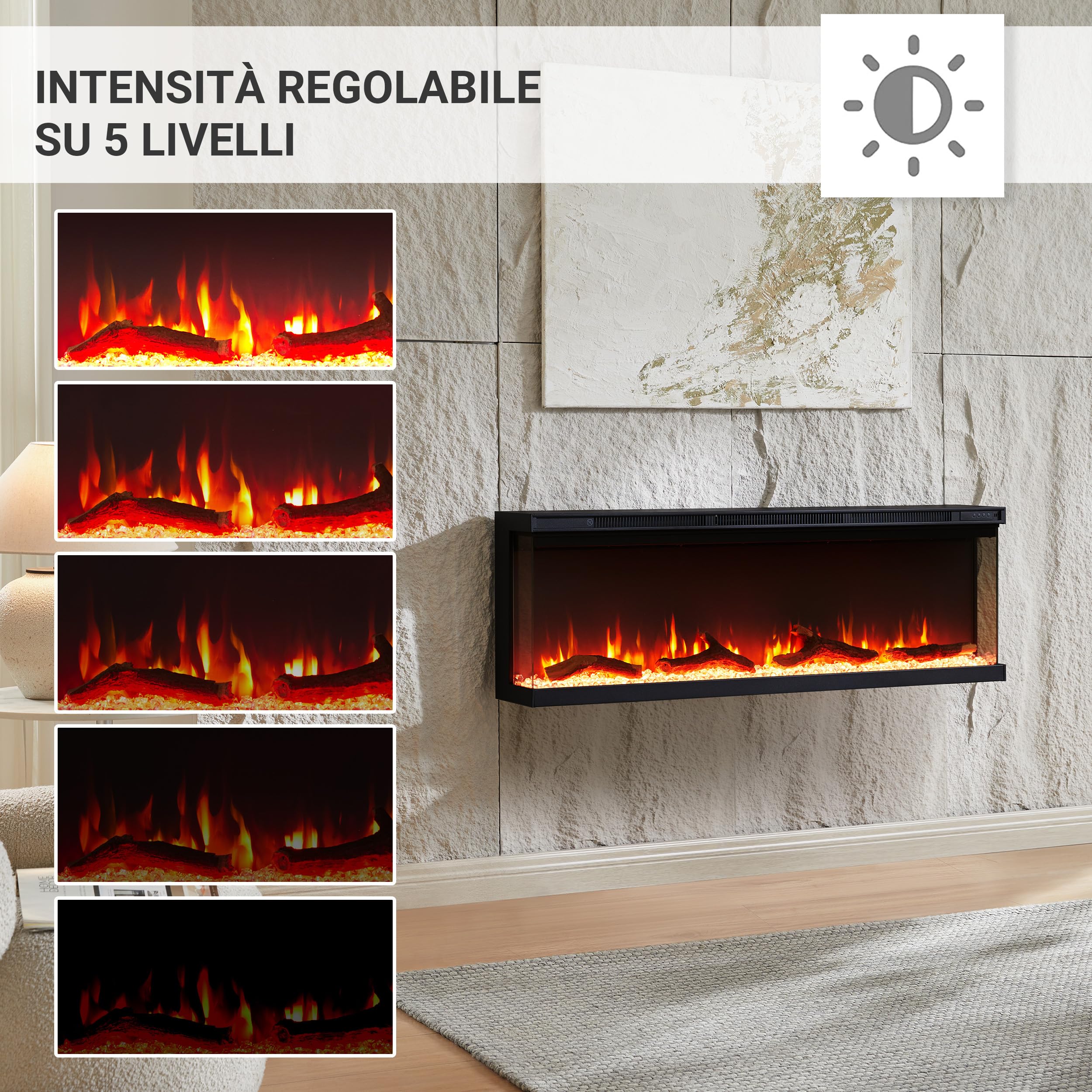 Camino elettrico BALDERIA Orson 50" | Camino elettrico da parete/incasso, effetto fiamma 3D LED, intensità variabile, riscaldamento 1800 W, timer, termostato, telecomando | nero