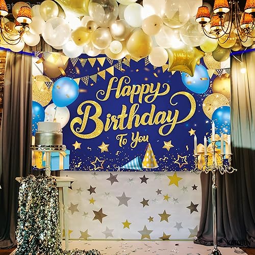 Miniatura 4 de KatchOn, Pancarta extragrande de feliz cumpleaños azul y dorado, 72 x 44 pulgadas, telón de fondo azul y dorado para decoraciones de feliz