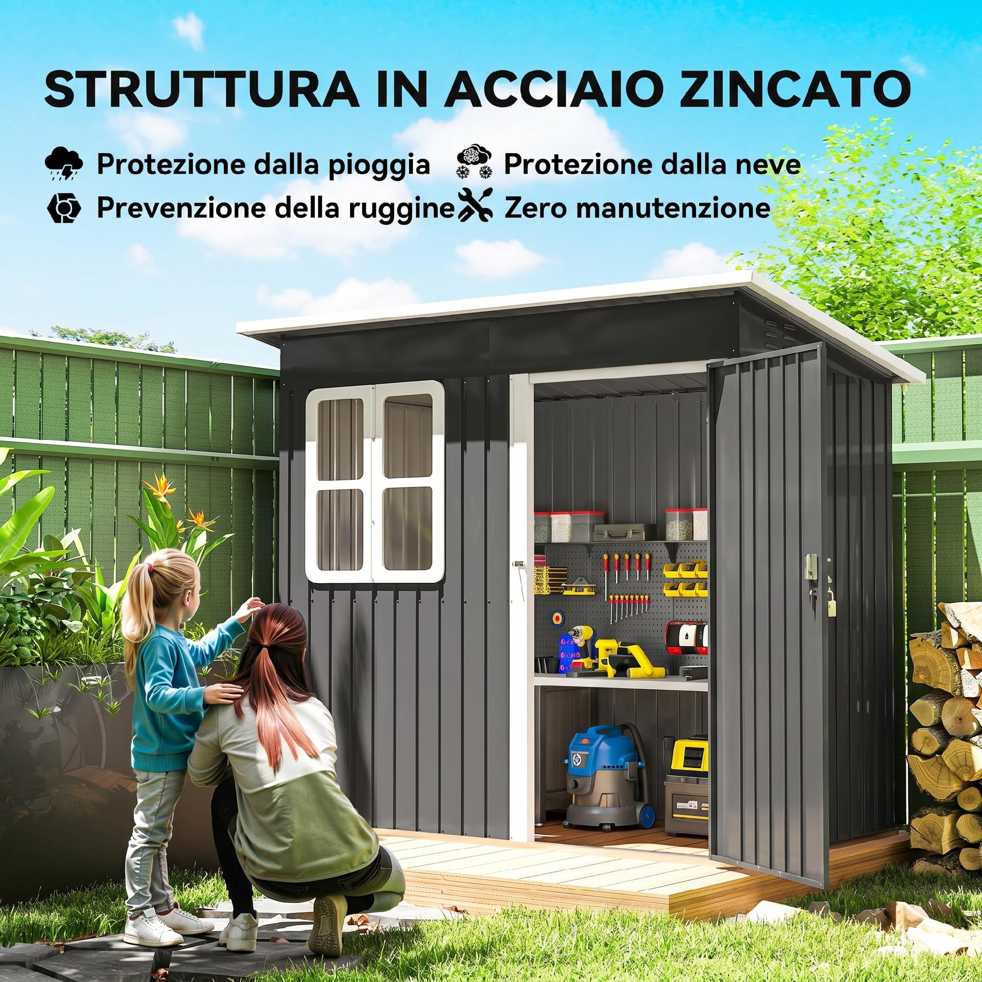 Outsunny Casetta da Giardino 2.55m² in Acciaio Zincato, con Kit di Fondazione, Capanno da Giardino Porta Attrezzi con Porta Bloccabile, Tetto Inclinato, Finestra, per Esterno, Grigio Scuro