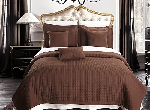 Miniatura 2 de Royal Hotel juego de sobrecama de 3 piezas de microfibra de lujo con colcha a cuadros, Poliéster, Chocolate, Full Queen