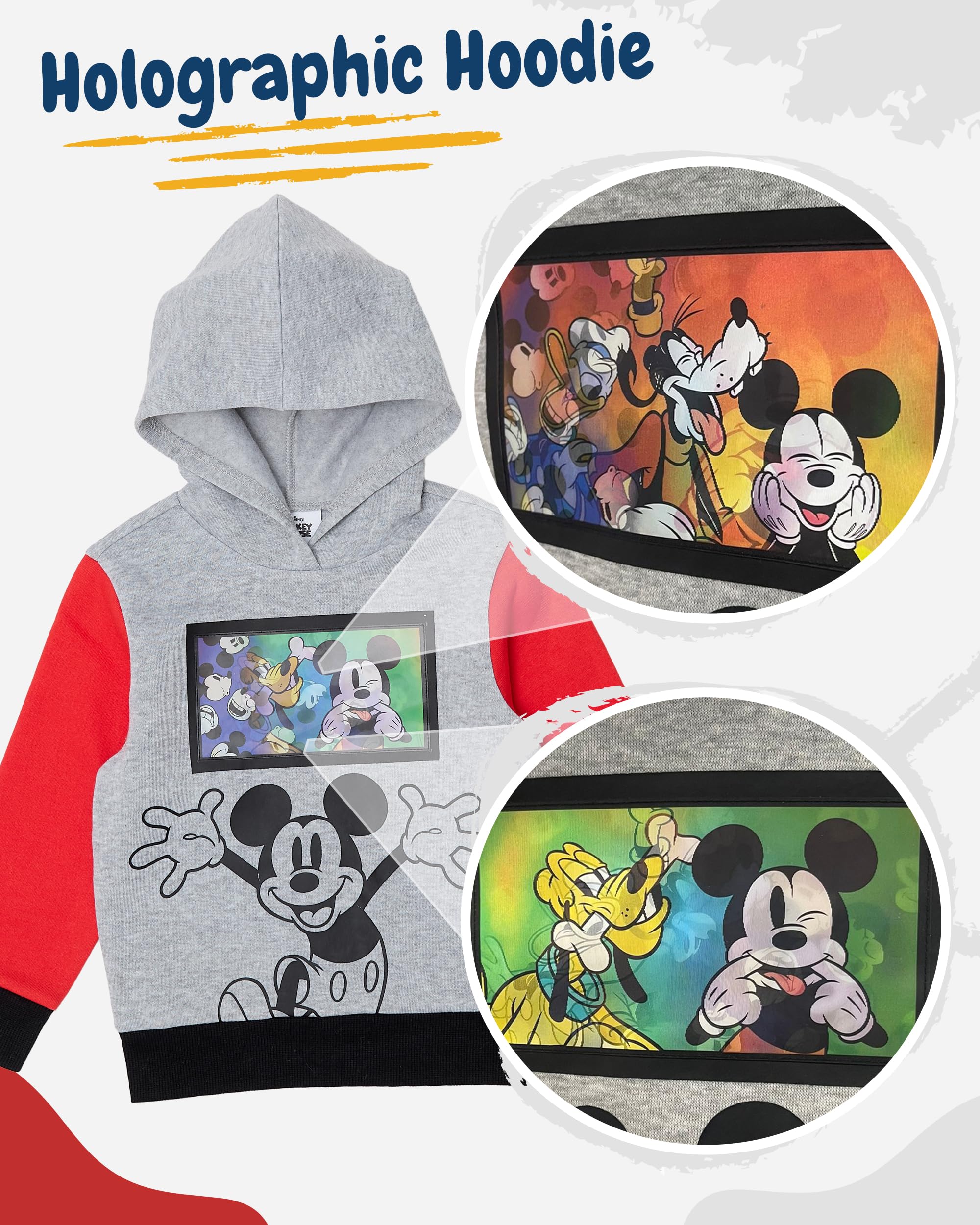 Disney Mickey Mouse Toddler Boys’ Outfit Set - Two Piece Hoodie Sweatshirt with Holographic Patch & Jogger Pants (Red 1, 3T)