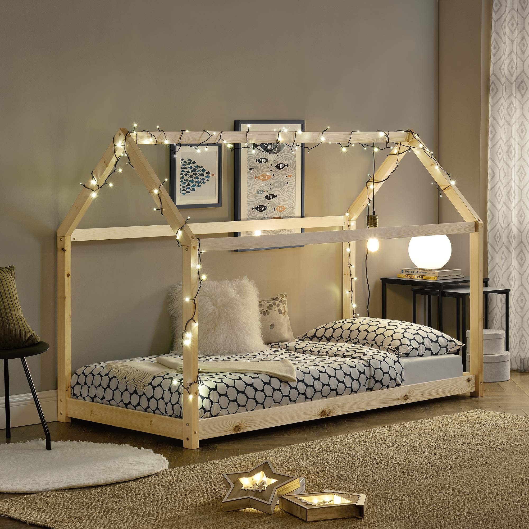 [en.casa] Letto per Cameretta a Forma di Casetta Letto per Bambini Adolescenti Struttura in Legno di Pino in Stile Montessori 90 x 200 cm Color Naturale