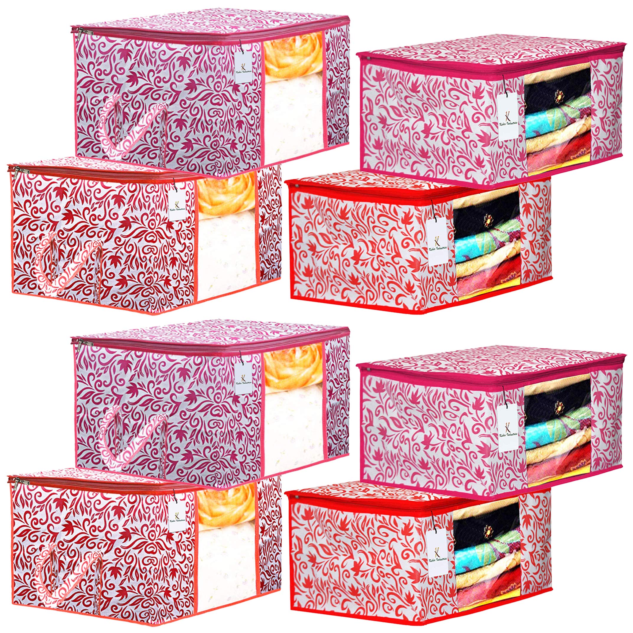 Kuber Industries Leaf Design 4 Piece Non Woven Saree Cover and 4 Pieces Underbed Storage Bag, Storage Organiser, Blanket Cover, Red & Pink -CTKTC42419