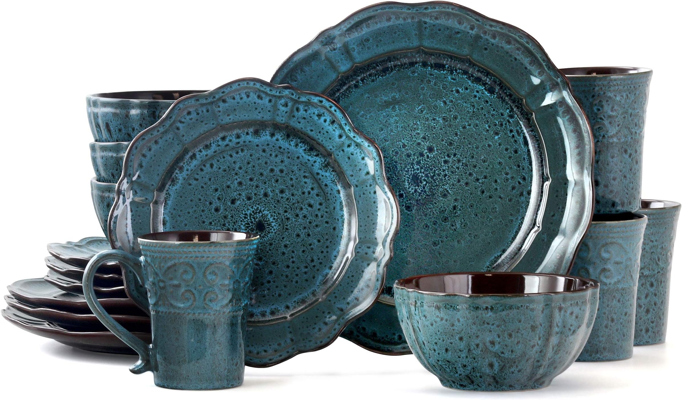 ElamaRound Stoneware with Scalloped Edges Dinnerware Dish Set, 16 Piece, Blue