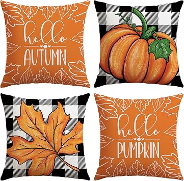 Artscope Fall Decorative Throw Pillow Covers 20x20 Inch Set of 4 Fall Gifts for Home Decor, Buffalo Plaid Autumn Pumpkin Maple Leaves Harvest Decoration Pillow Cases for Home Sofa Couch Decor-Orange A