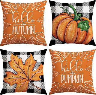 Artscope Fall Decorative Throw Pillow Covers 18x18 Inch Set of 4 Fall Gifts for Home Decor, Buffalo Plaid Autumn Pumpkin Maple Leaves Harvest Decoration Pillow Cases for Home Sofa Couch Decor-Orange A