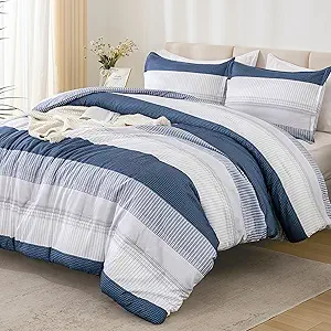 Litanika Mineral Blue California King Comforter Set - 3 Pieces Cal King Oversized Lightweight Summer Colorblock Stripe Bedding Set (104x96In, 2 Pillowcases)