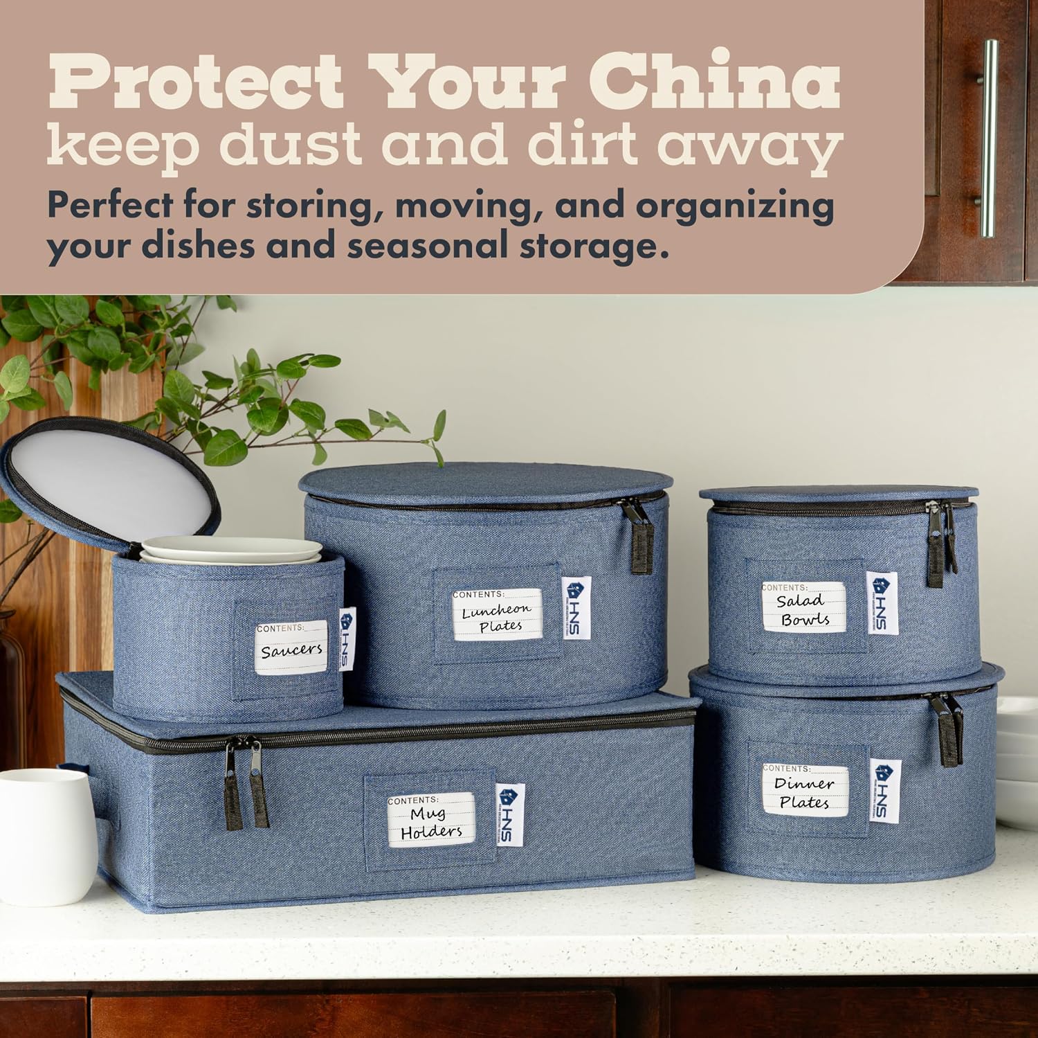 Mug Storage Container, Hard Shell China Organizer | Holds 12 Mugs, Padded Dividers, Durable & Stackable Storage Box for Seasonal Dishware Protection, Denim Blue