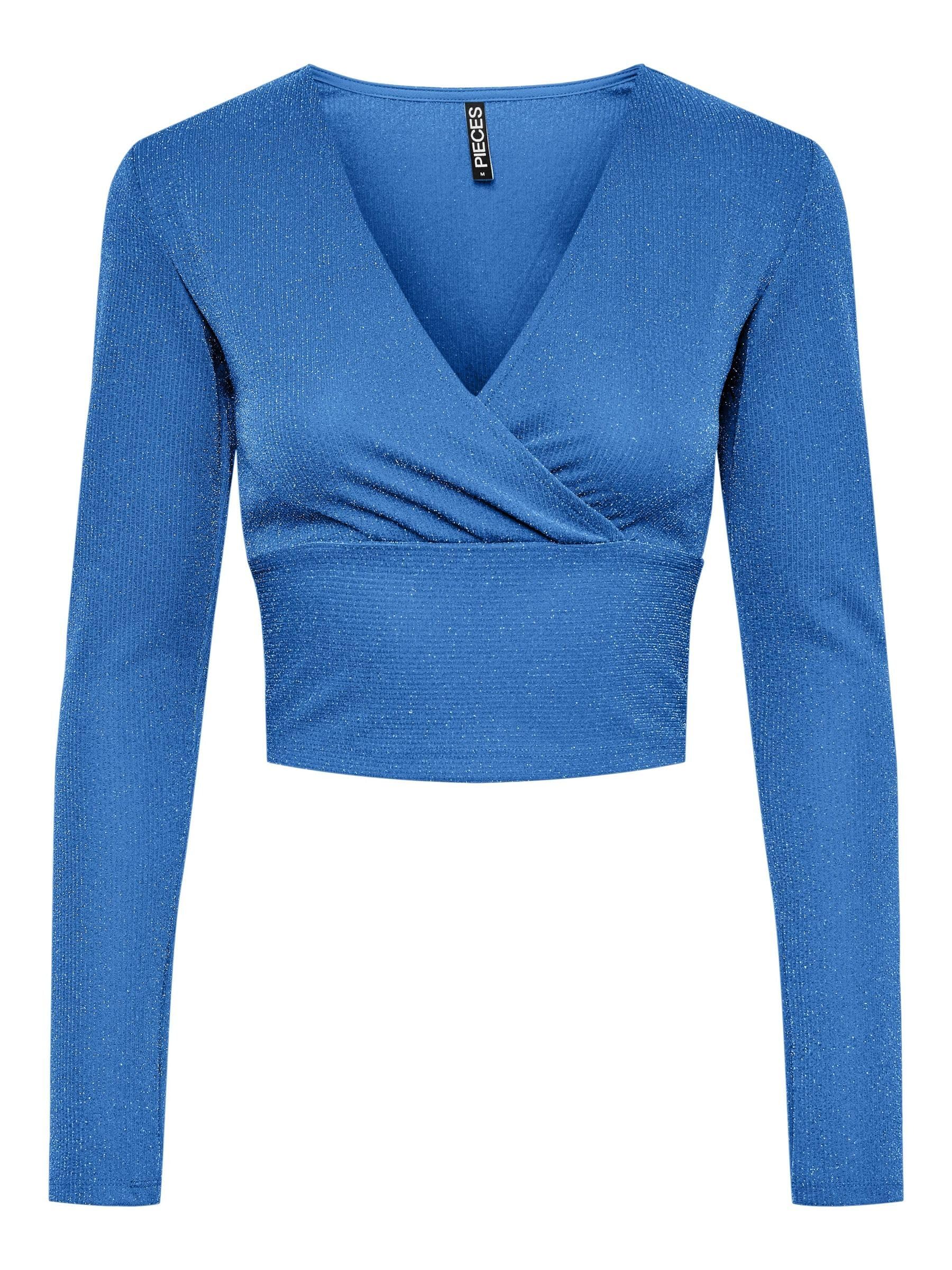 Camiseta De Manga Larga Para Mujer PIECES - Cuello En V Con Detalle, Estilo Casual Y Cómoda