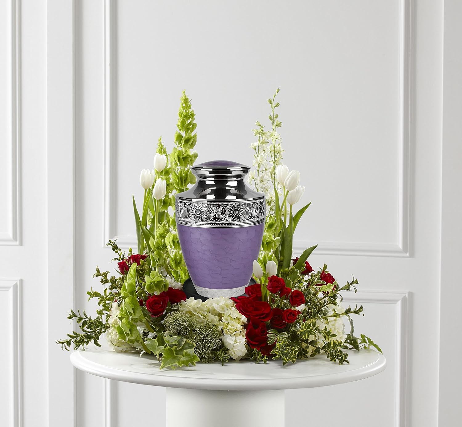 MEMORIALS 4U Large Lavender Love Cremation Urn for Human Ashes- Lavender Urn - Adult Funeral Urn Handcrafted with Engraved Silver Bands - Brass Urn - Large Urn Deal with Free Bag