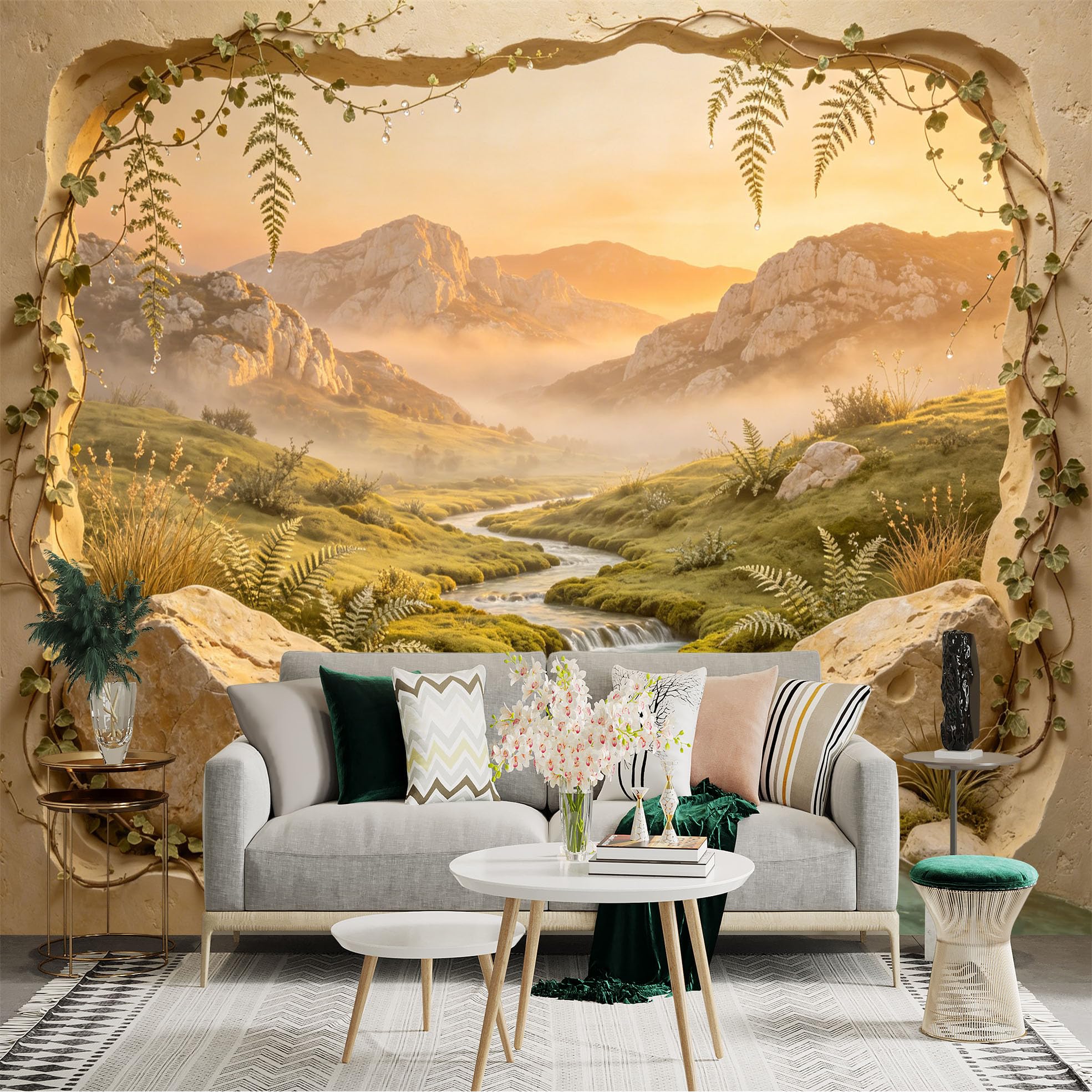 Custom Size Wall Sticker Mural， Sunrise Mountain Valley with River and Green Meadow Landscape， for wall Decoration， peelandstick wall Decals.