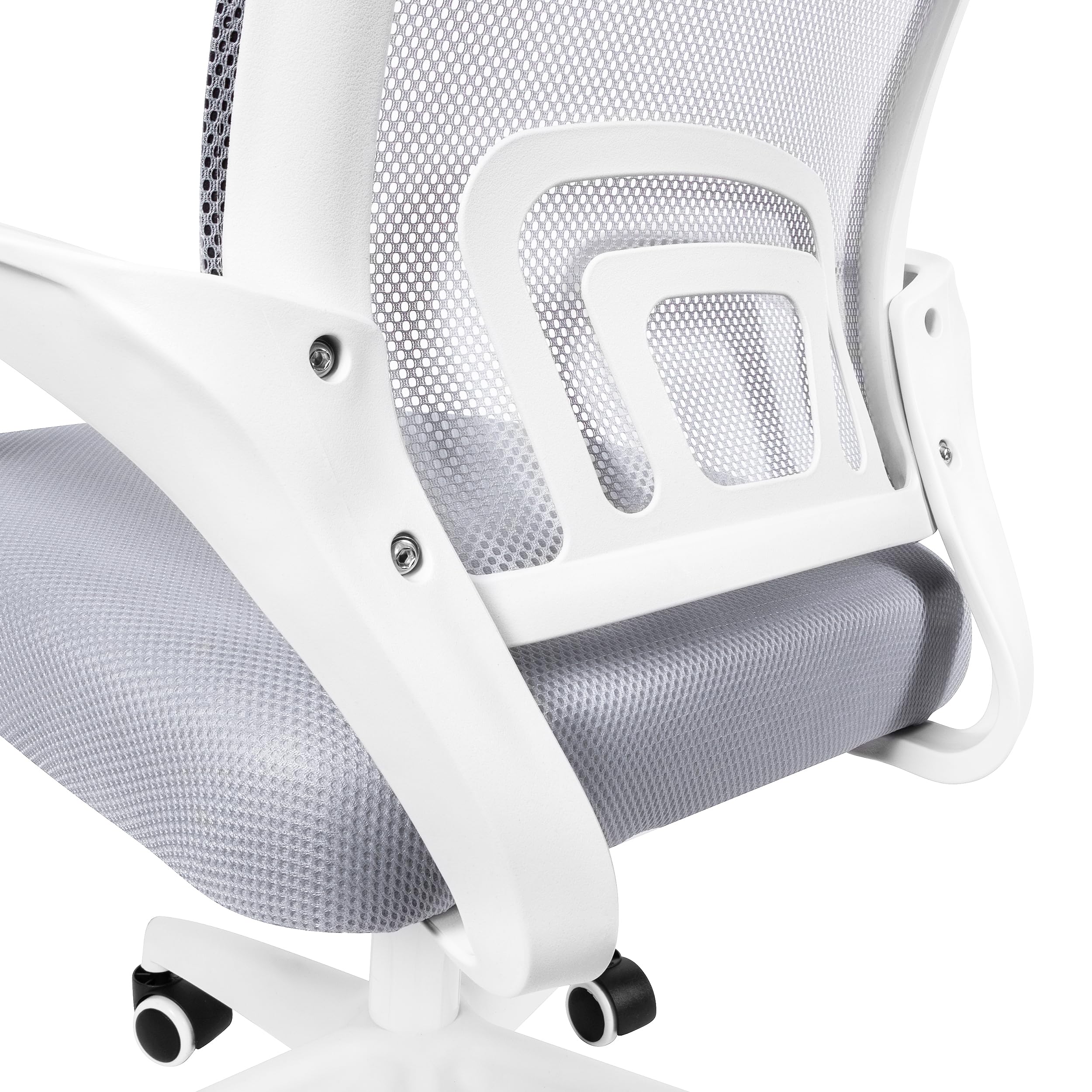 młodzieżowe krzesło biurowe z szarą siatką | regulacja wysokości | ergonomiczne krzesło do biurka z regulowanymi podłokietnikami | oddychające oparcie | ciche gumowe kółka | nowoczesne wzornictwo