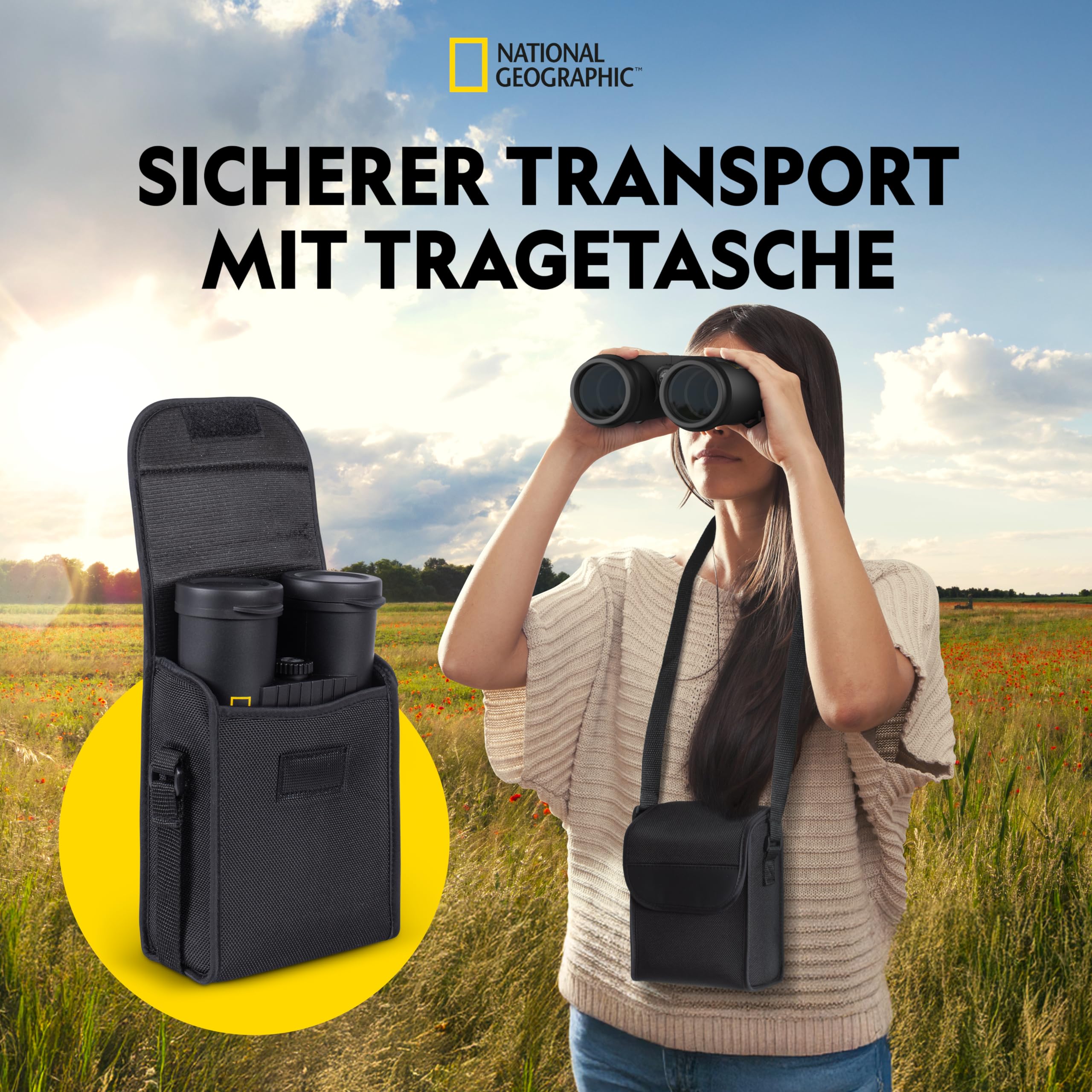 National Geographic Fernglas 10x42 Dachkant wasserdicht mit voller Mehrschichtvergütung, Mitteltriebfokussierung, Stativanschlussgewinde, Schwimmgurt und Tragetasche | 10 fache Vergrößerung, 101 m Sehfeld, für Brillenträger geeignet, volle Mehrschichtverg