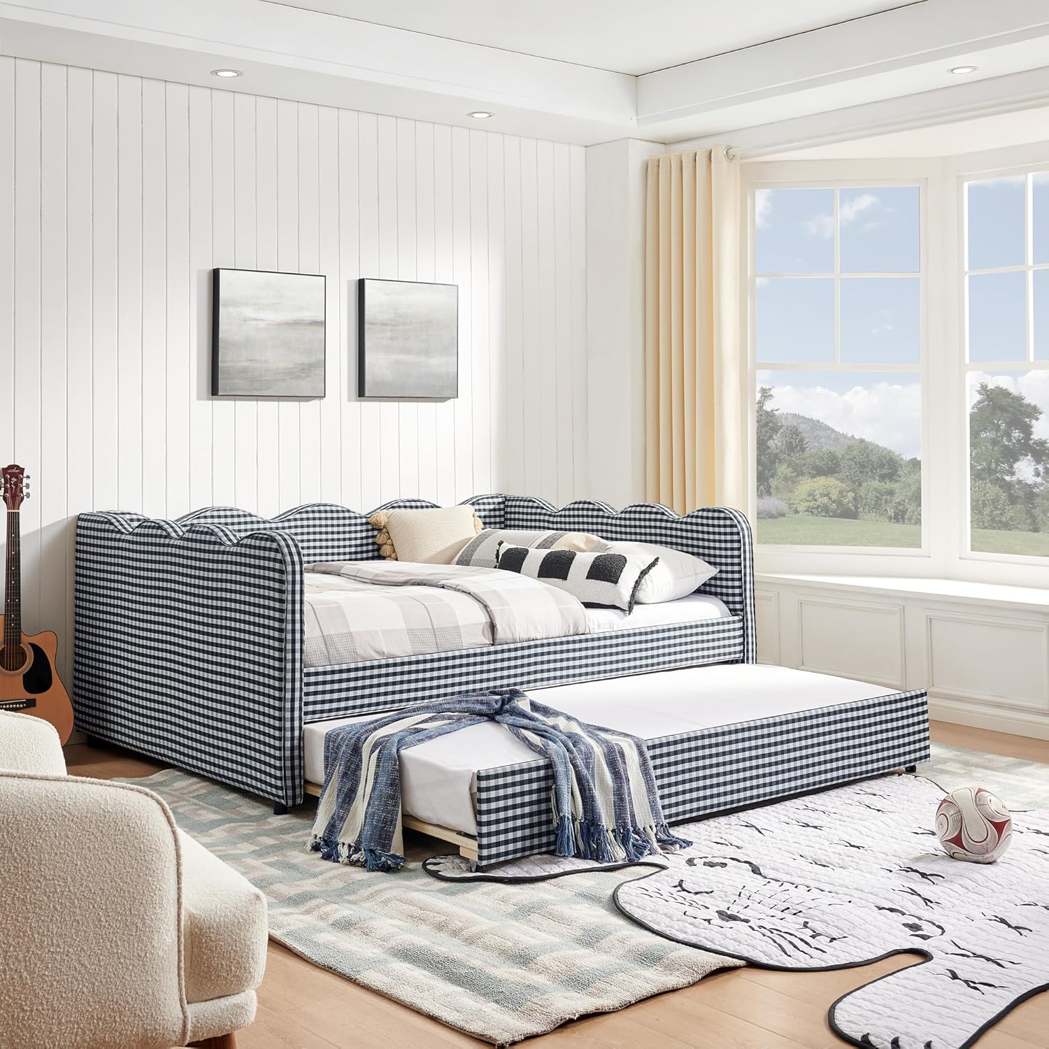 Yoglad Full Size Daybed with Trundle, Plaid Linen Upholstered Day Bed Frame with USB Charging Ports, Gingham Daybed Wooden Extendable Sofa Bed for Bedroom, No Box Spring Needed(Navy)