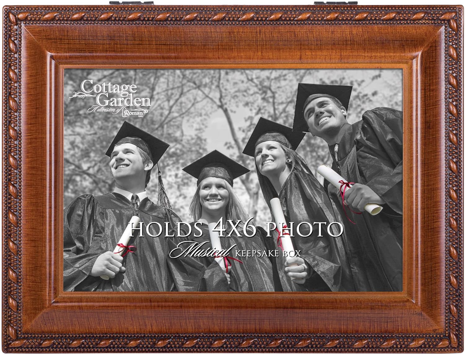 Cottage Garden Graduation Woodgrain Rope Trim Jewelry Music Box Plays Wonderful World