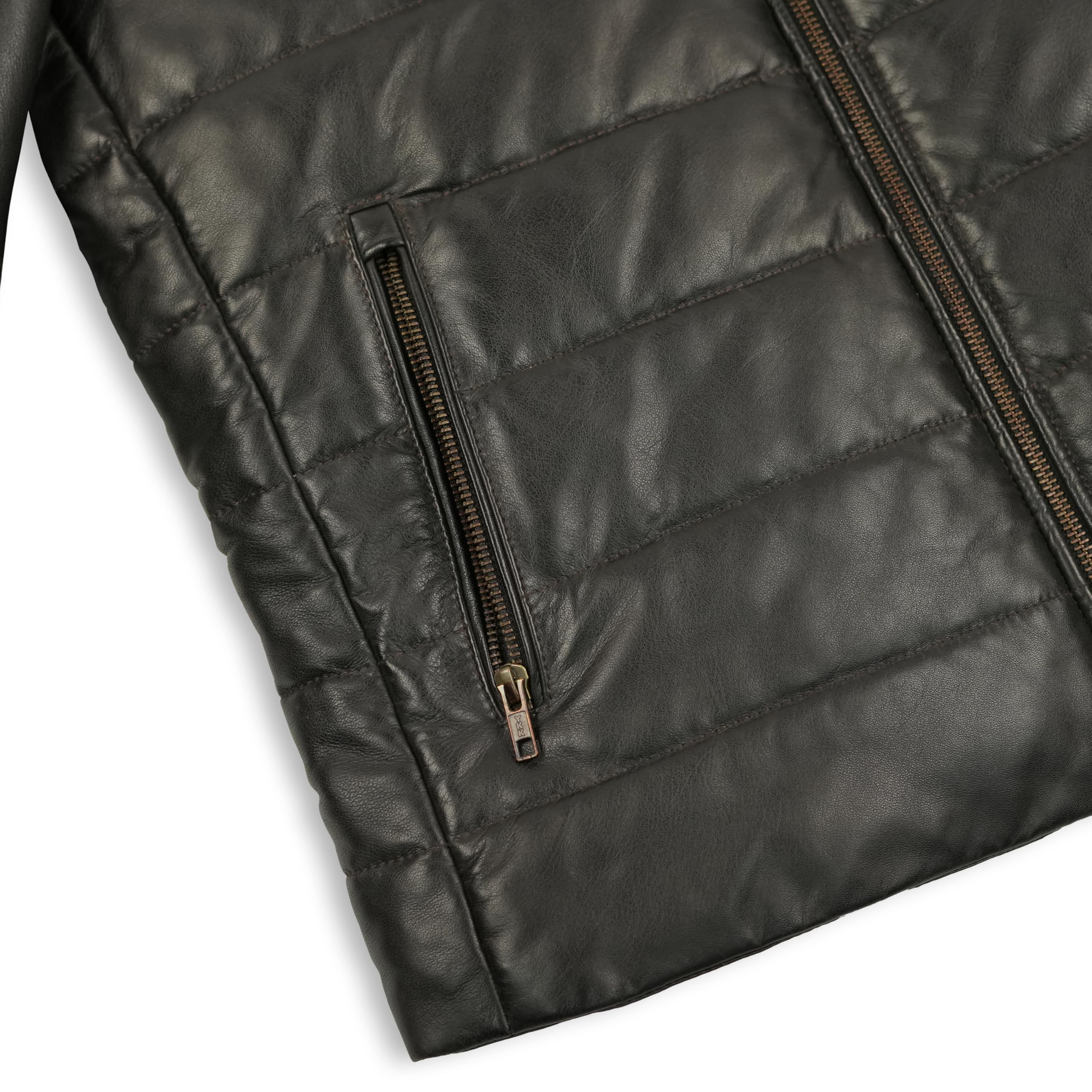 Leatherick Chaqueta acolchada bitono de piel de cordero para hombre: piel auténtica con forro aislante de burbujas, cierre de cremallera y diseño multibolsillos.