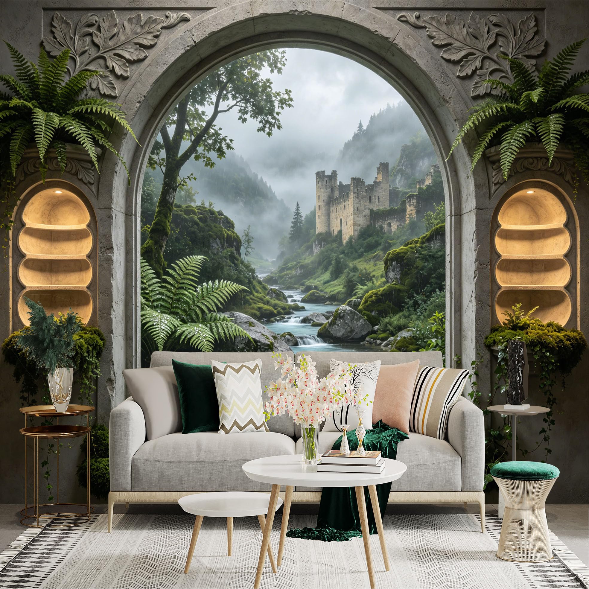 Custom Size Wall Sticker Mural， Misty Mountain Castle with River and Lush Green Forest View， for wall Decoration， peelandstick wall Decals.