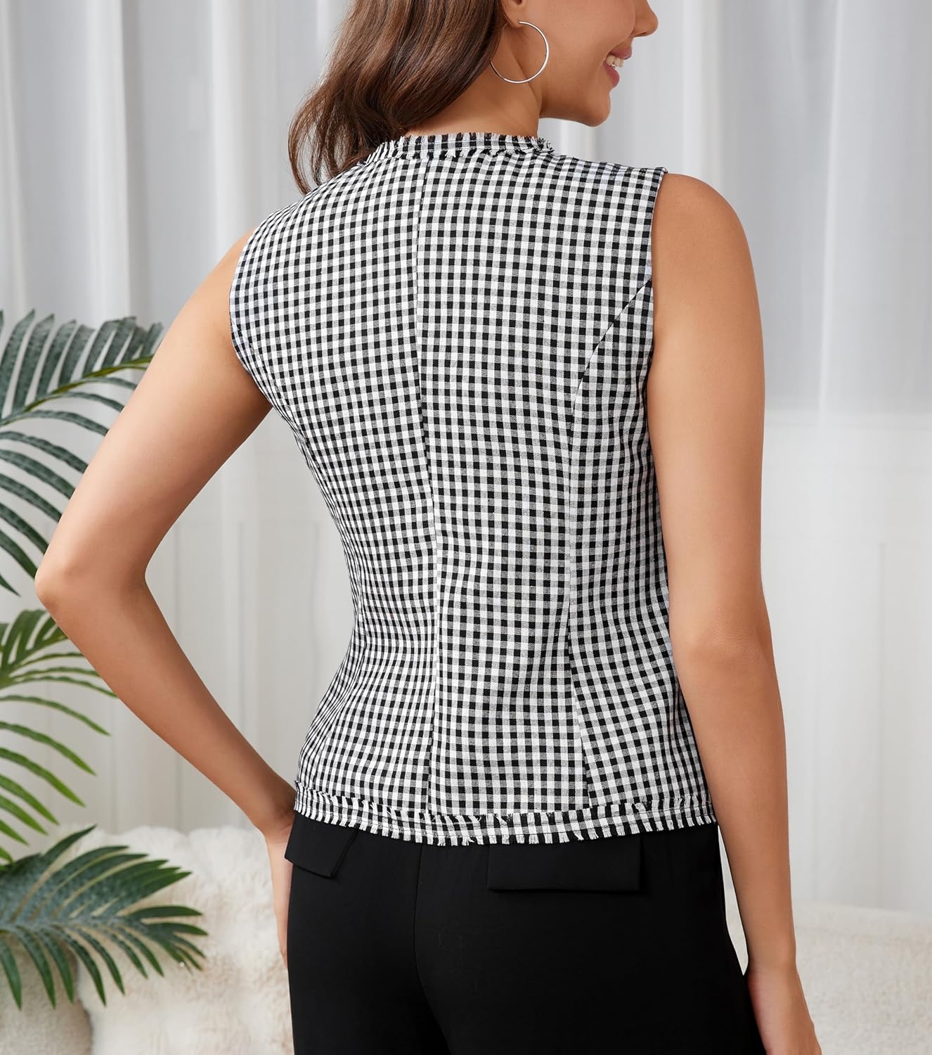 Ladyful Gingham Sleeveless Blazer Vest Top for Women Button Down Plaid Waistcoat Crew Neck Business Work Suit Vest Top - Image 6