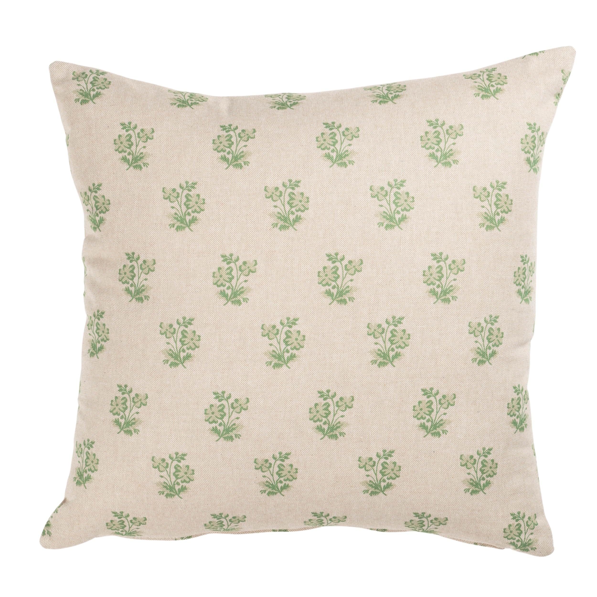 Posy Print Linen Look Cushion Cover in Sage Green. All-Over Dainty Floral Print in Green on a Linen Effect Background. 17x17" Square Cover Only.