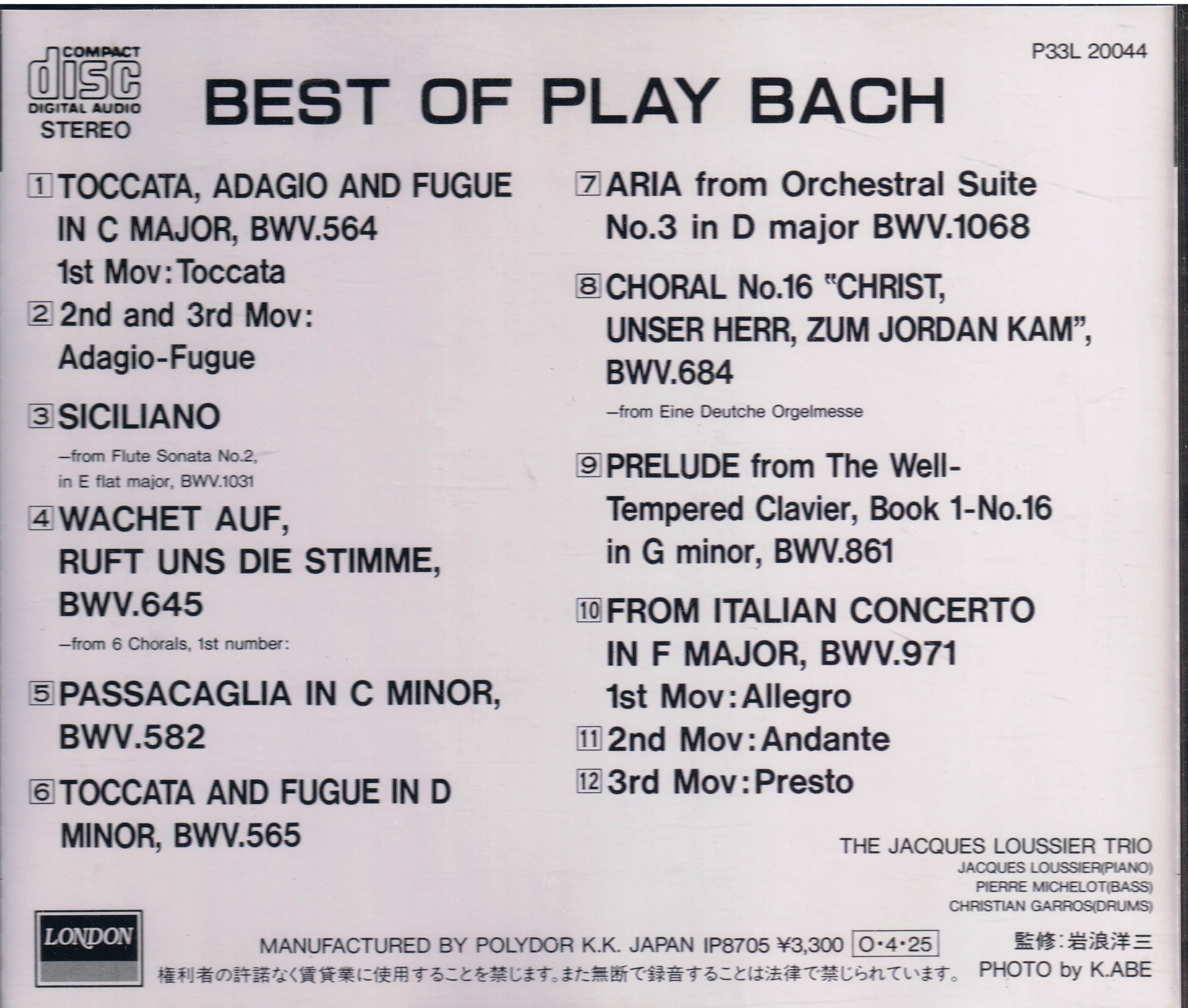 JACQUES LOUSSIER TRIO - Best Of Play Bach - Disque CD