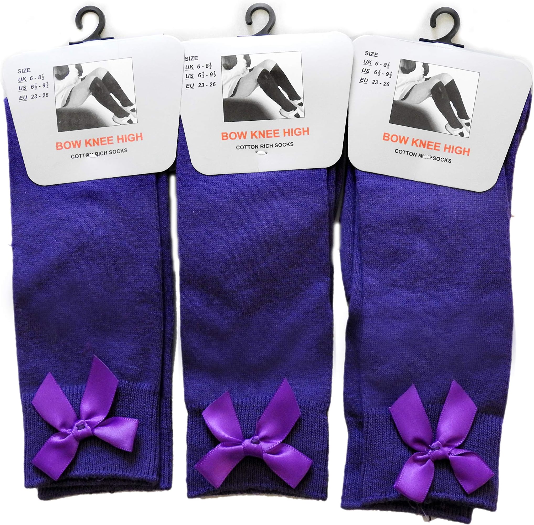 Bow Knee High School Girls & Kids Plain Long Length Cotton Stretch With all size & colour (Set of 6 pairs) (UK 12-3.5 (EU 30-35.5), Purple)