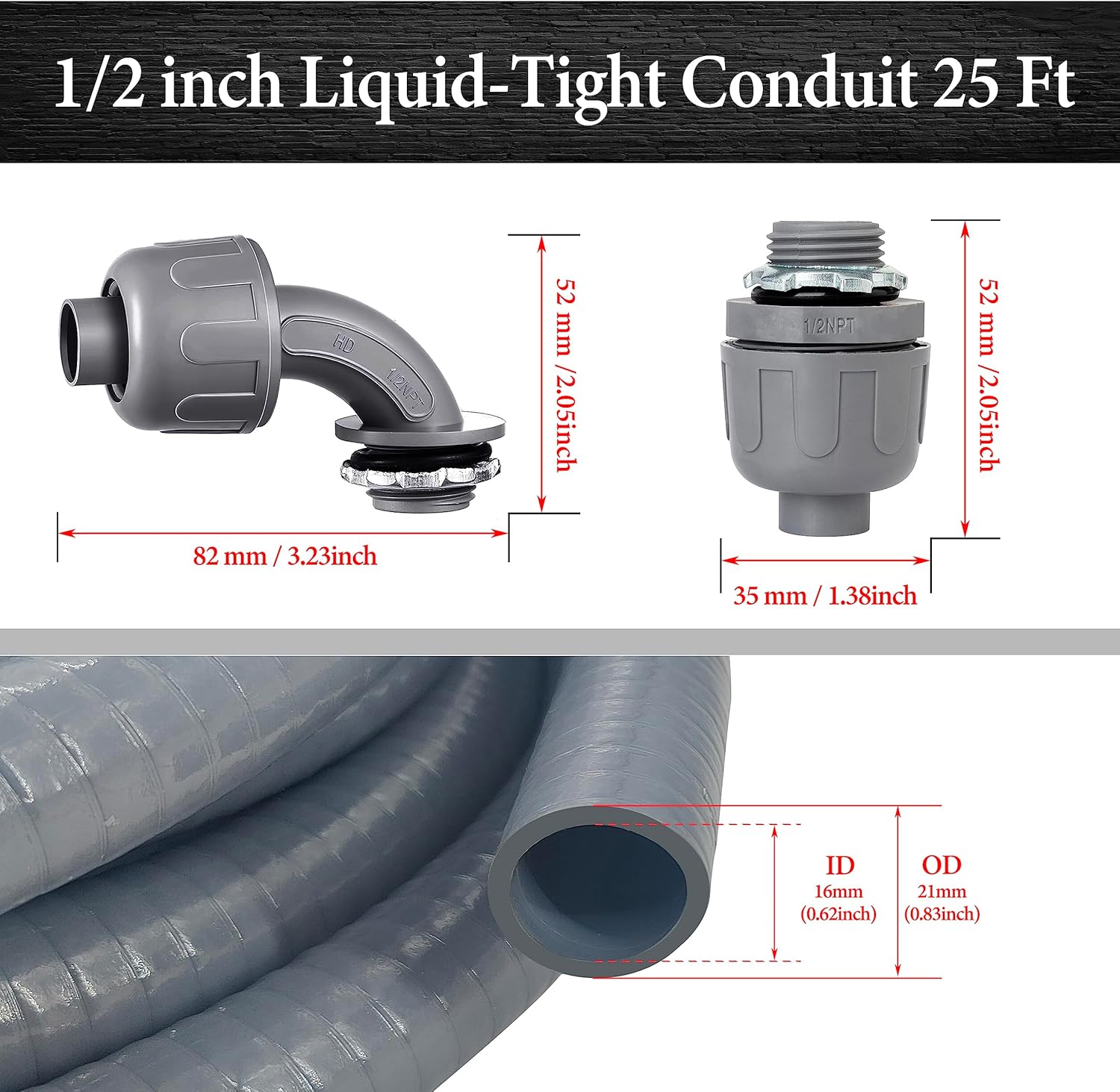 Liquid-Tight Conduit - 1/2inch 25 Foot Flexible Non Metallic Liquid Tight Electrical Conduit Kit, With 4 Straight and 3 90-Degree Conduit Connector Fittings.1/2" Dia