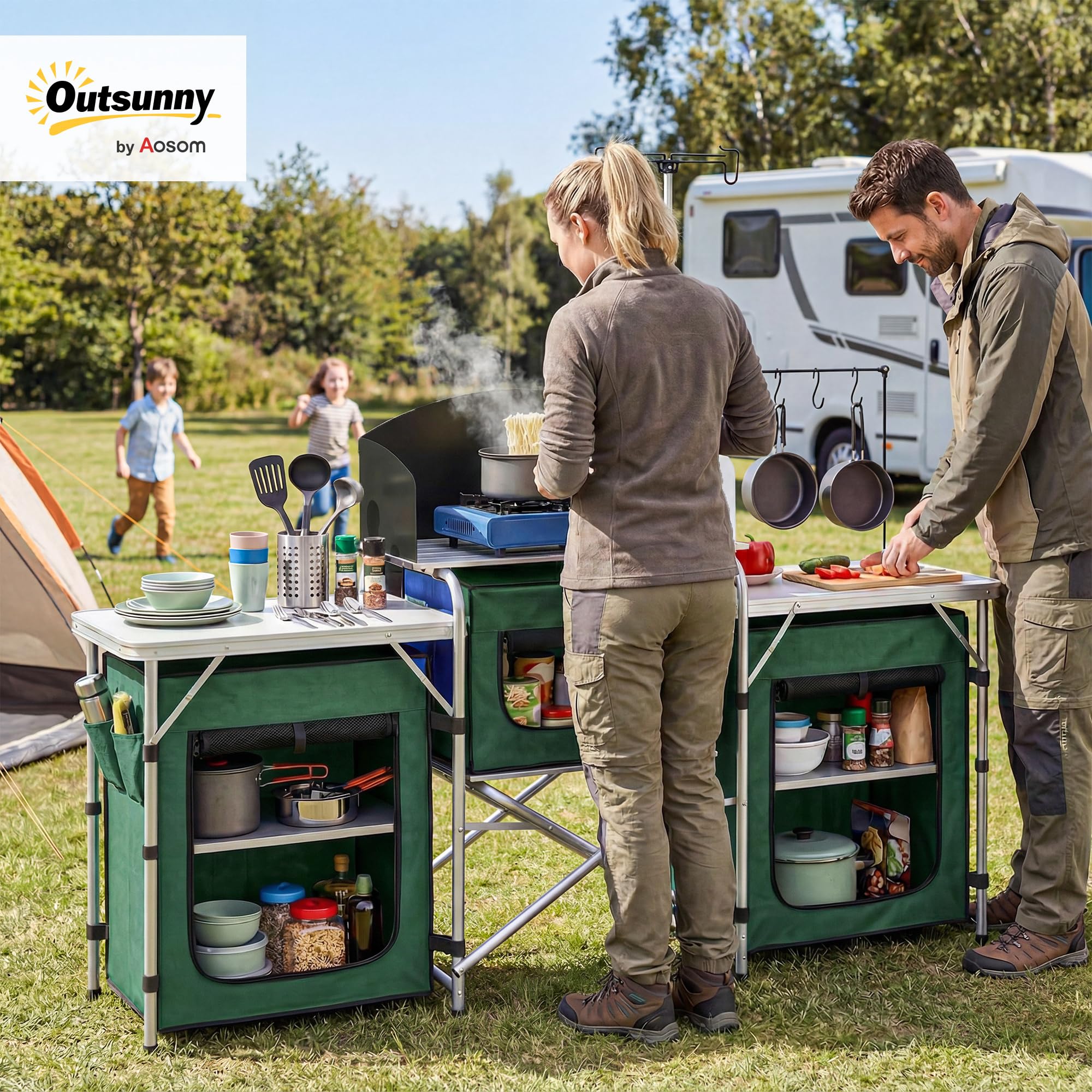 Outsunny Mueble Cocina Camping Armario Camping Plegable con Mesas Armarios Ganchos Estructura de Aluminio Poste de Luz Ajustable Paravientos y Bolsa de Transporte para Acampada 172x48x130 cm Verde
