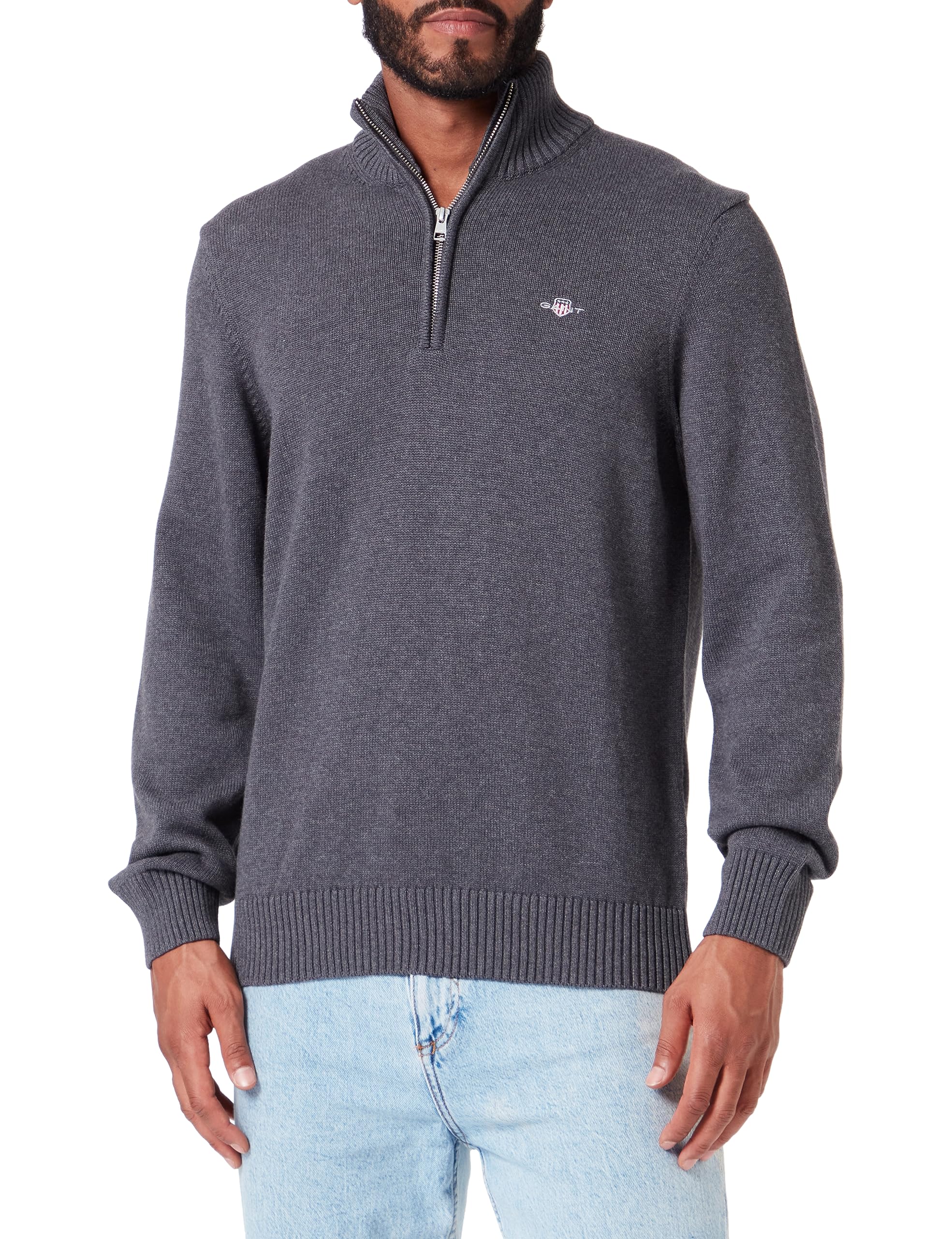 Gant Men's Antracite Melange Cotton Half Zip Cream Sweater Charcoal 4XL