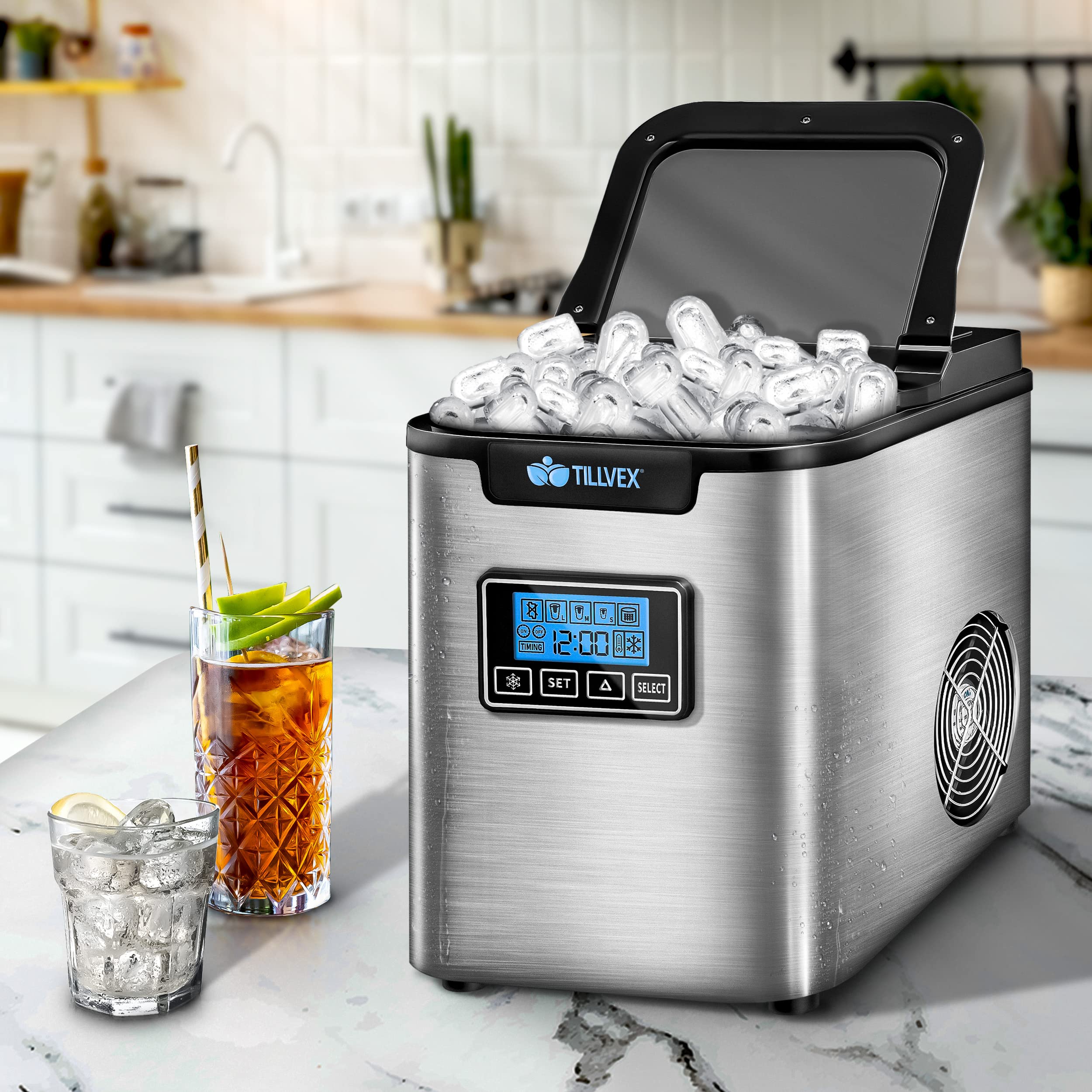 tillvex Machine à glaçons en inox 12 kg - 24 h | Préparation de glaçons avec minuterie et réservoir 2,2 litres | Ice Maker avec écran LED et nettoyage automatique | 3 tailles de glaçons (Argent)