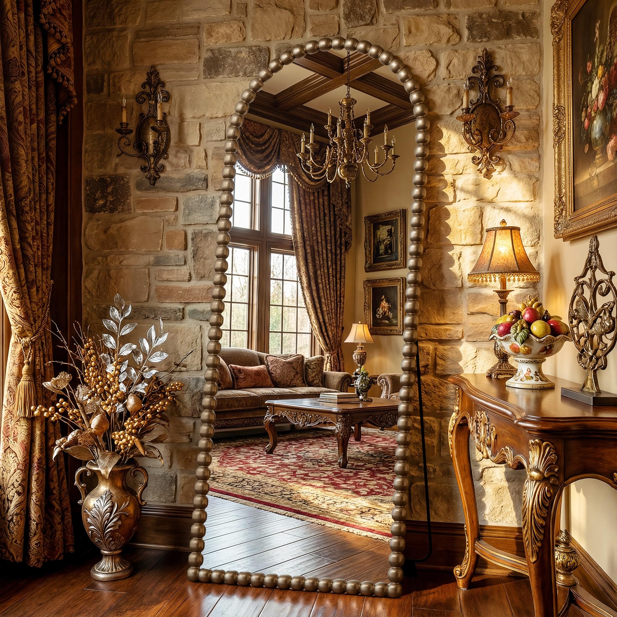 Antok Floor Mirror,57"×21" Vintage Full Length Mirror Beaded Full Body Mirror with Stand,Hanging Mounted for Bedroom Living Room Cloakroom,Bronze,