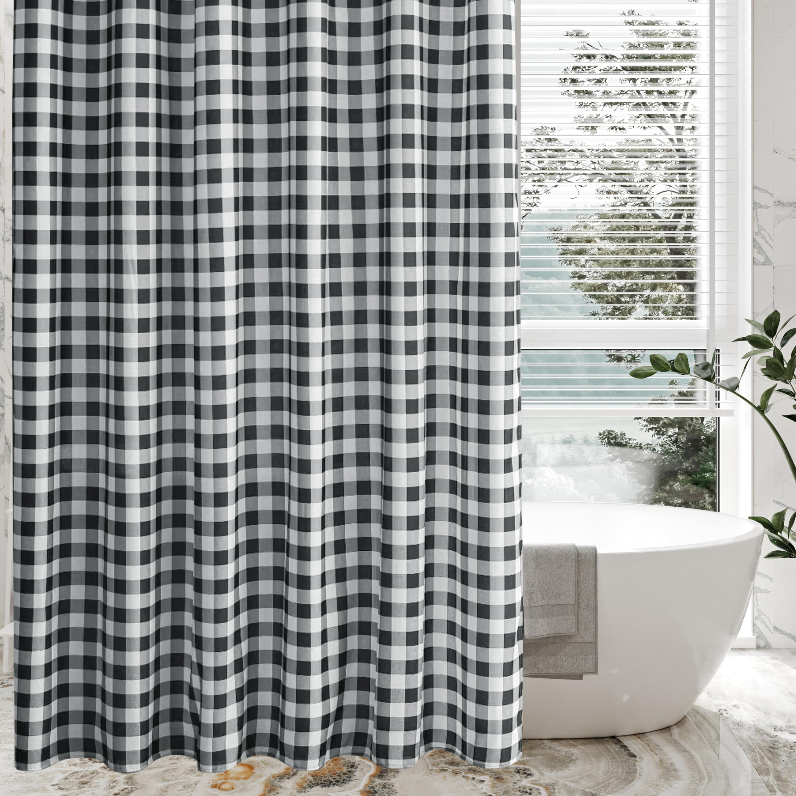 Biscaynebay Textured Fabric Shower Curtains 72" X 72", Black & White Printed Checkered Linen Modern Farmhouse Boho Hotel Quality Cloth Bathroom Curtains Machine Washable