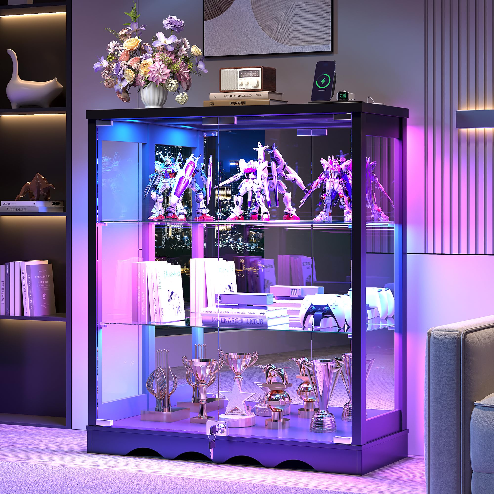 FREDEES RGB Display Cabinet with Glass Doors for Living Room, Black