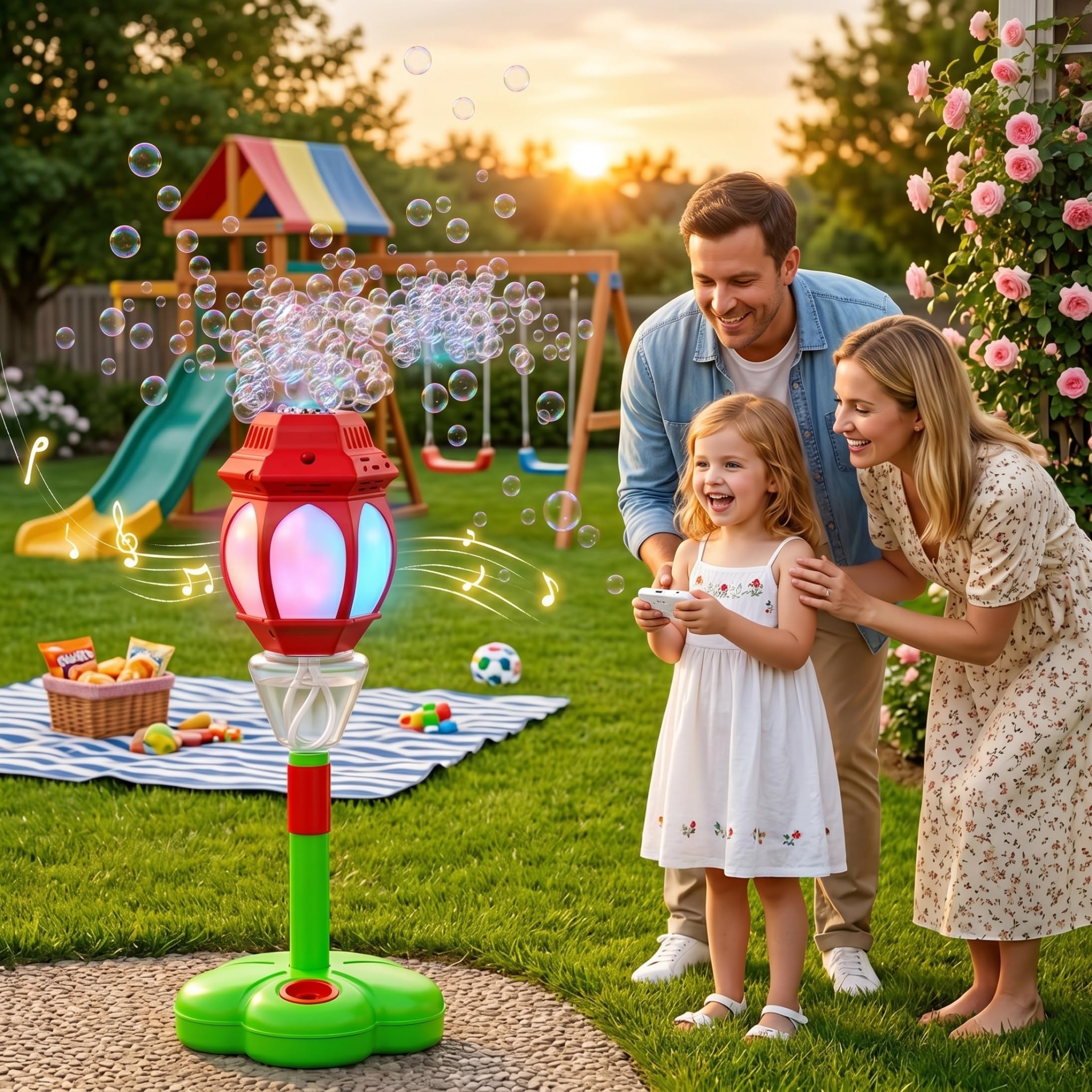 Máquina de burbujas para niños, máquina automática de burbujas con sonido y luz, linterna para niños, liberación de un botón, control remoto, soplador rojo recargable