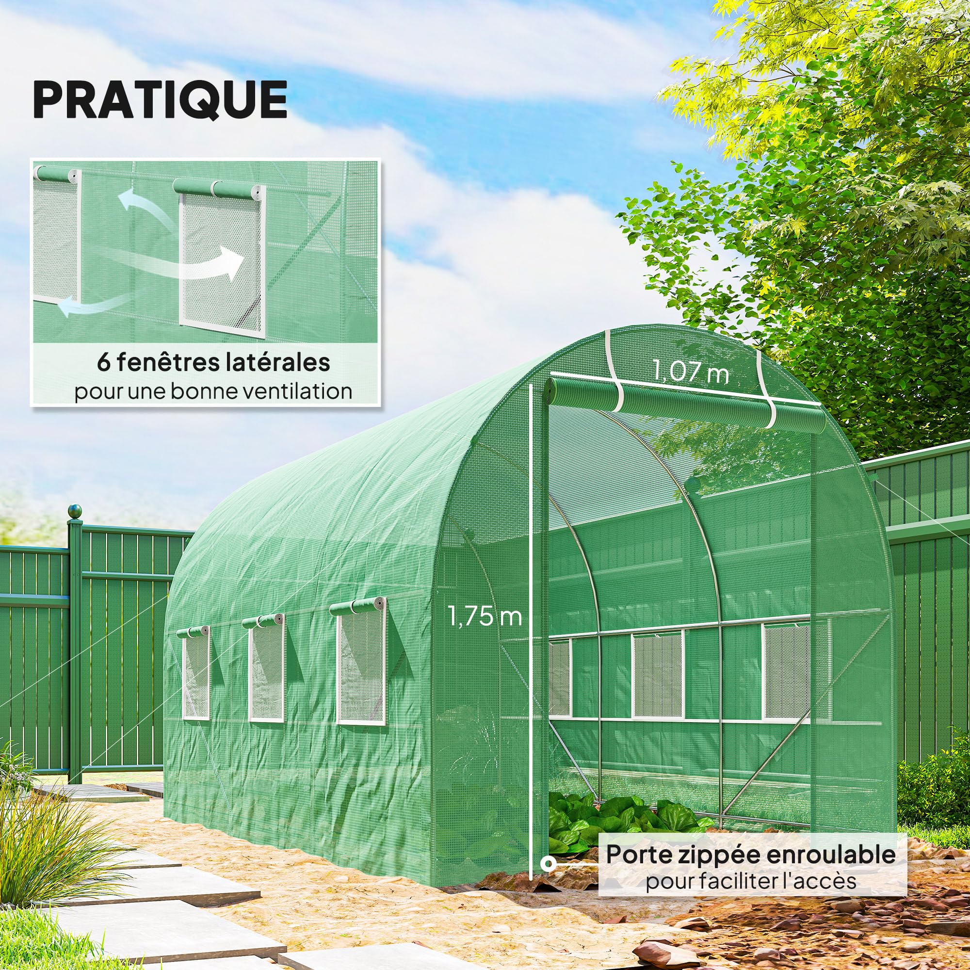 Outsunny Serra da giardino a tunnel, superficie del terreno, 7 m², 3,5 x 2 x 2 m, telaio tubolare rinforzato con cerniera, 6 finestre avvolgibili, colore: verde