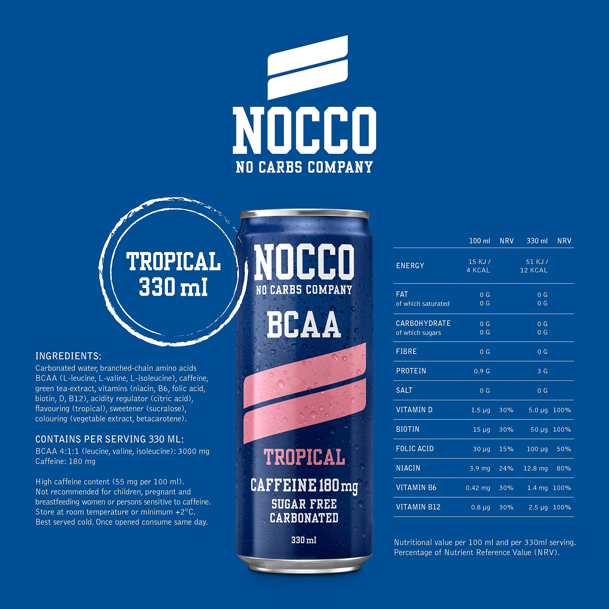 Buy NOCCO BCAA Tropical 12 x 330ml Zero Sugar Functional Energy