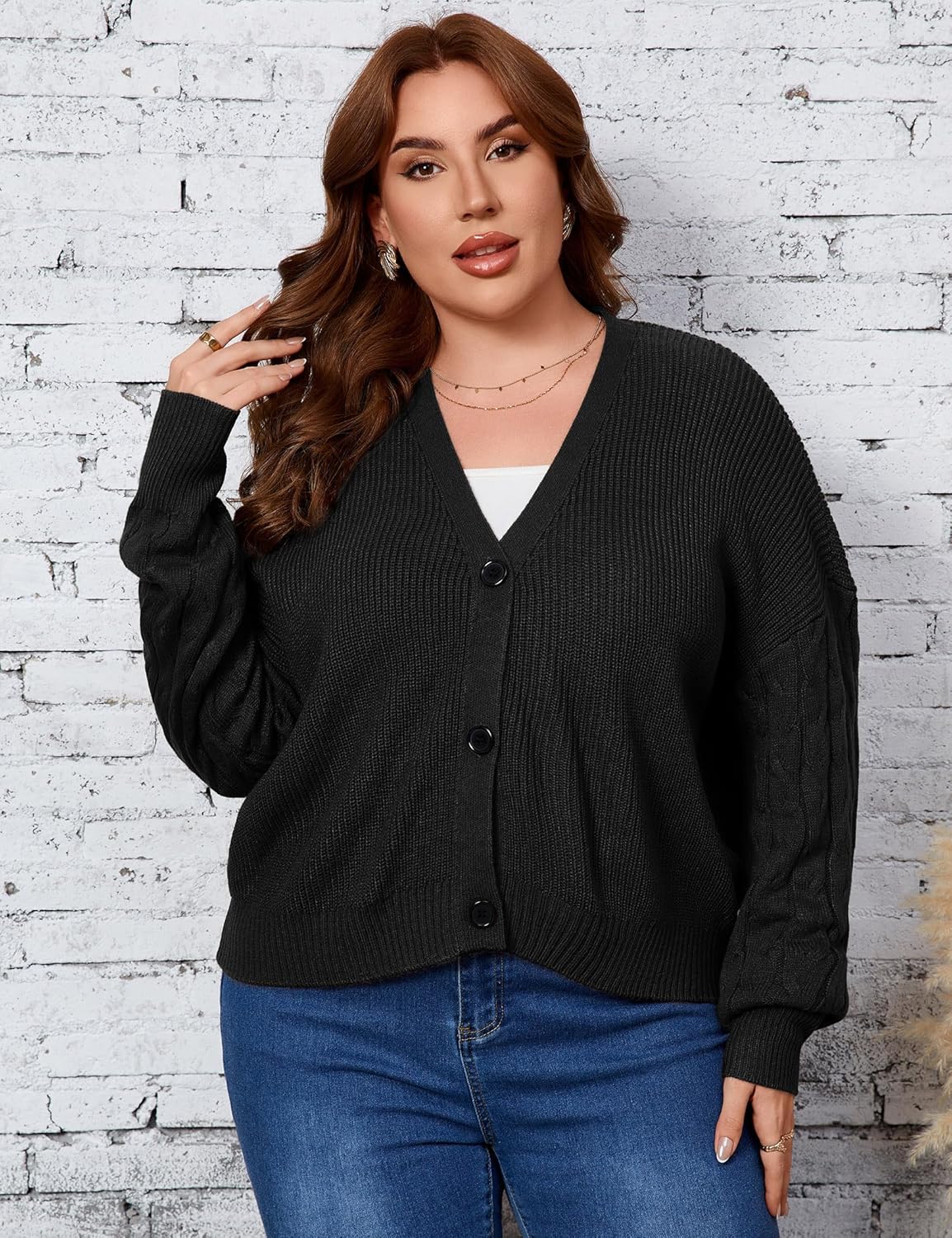 Women's Plus Size Short Cardigans Fall Oversized Button up Sweater Long Sleeve Cropped Open Front Cardigan - Image 6