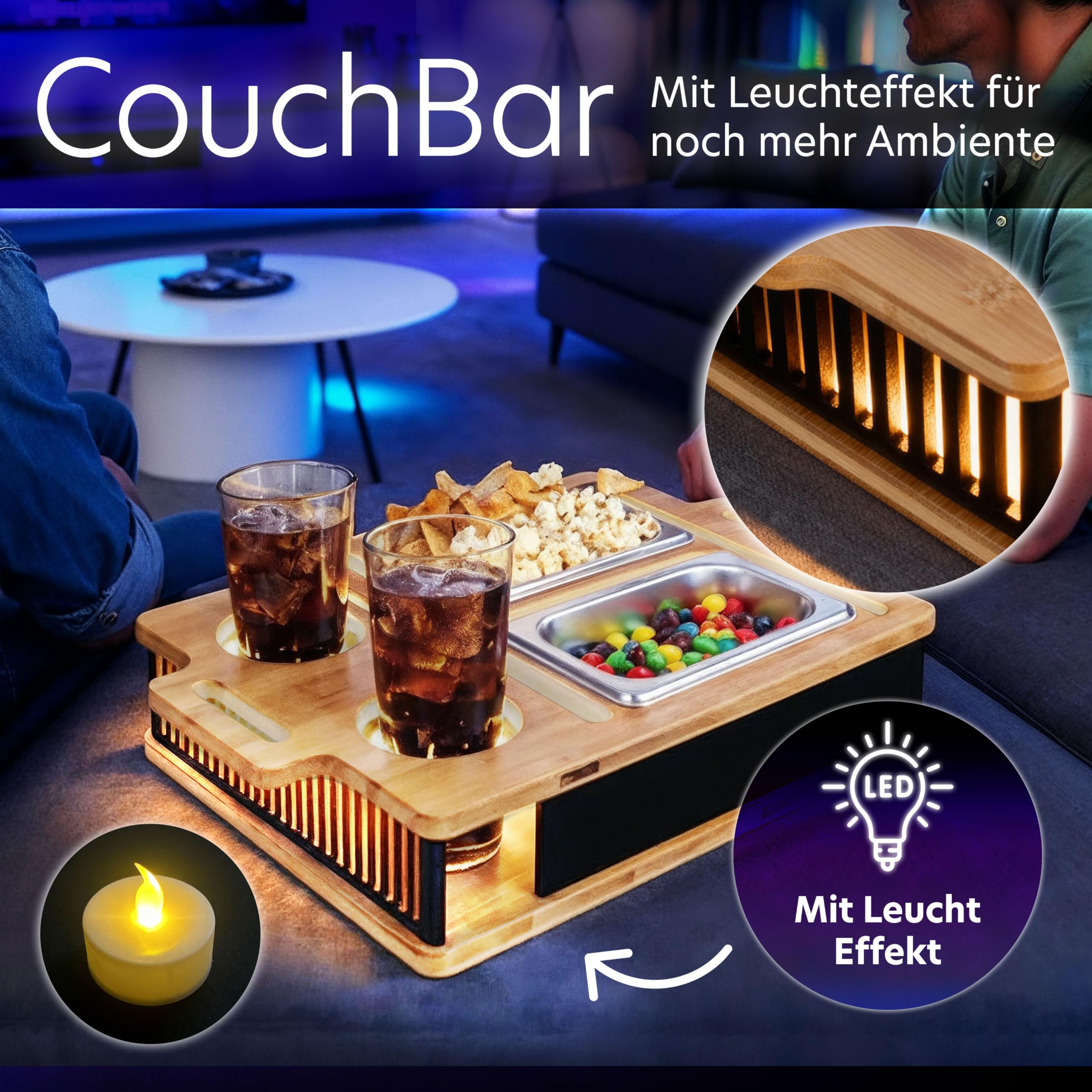 AH® Couchbar Snackbox mit Leuchteffekt – Bambus Sofa Tablett mit 2 Edelstahl-Schalen, Handy- & Getränkehalter – Couch Organizer & Geschenk für Männer & Frauen