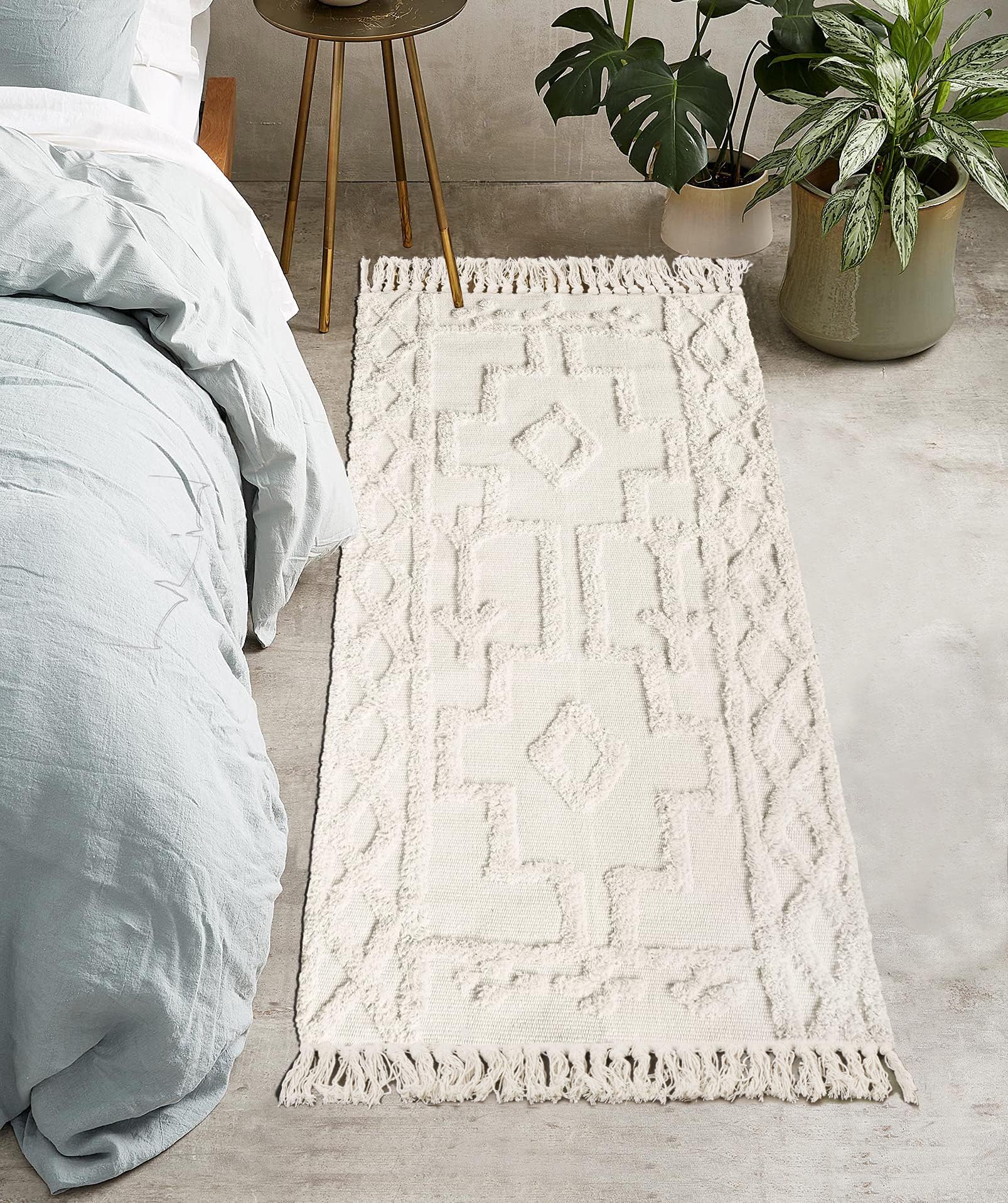Uphome Boho Bathroom Runner Rug 2' x 4.3', Washable Woven Cotton Bedroom Rug Runners, Beige Aesthetic Tufted Entryway Runner Rugs, Bohemian Tribal Throw Rugs for Bedside Living Room Laundry Kitchen