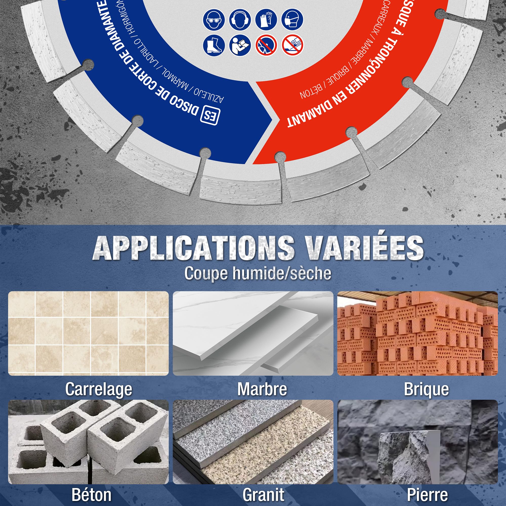 WORKPRO Lot de 2 Disques à Tronçonner Diamantés 230 mm | pour Carrelage, Béton, Pierre, Brique, Granit, Marbre, Meuleuse
