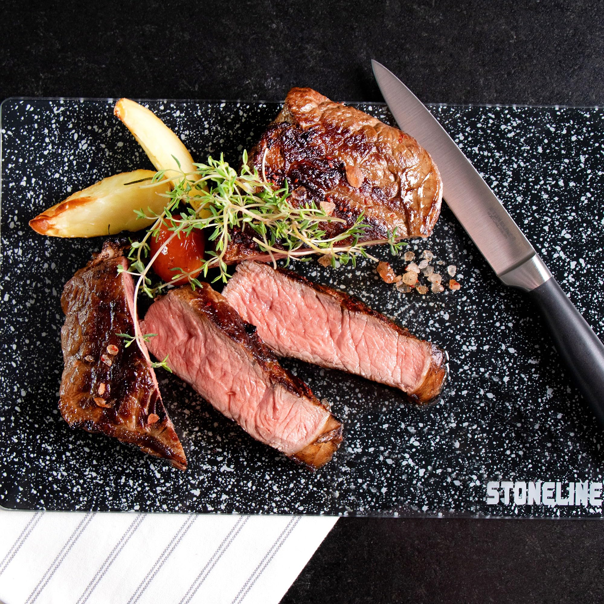STONELINE Planche à Découper en Verre, Lot de 4 Planches 25 x 15 cm, aspect STONELINE, Résistant à la Chaleur, Planches à Découper pour Légumes, Fruits, Viande et Poisson